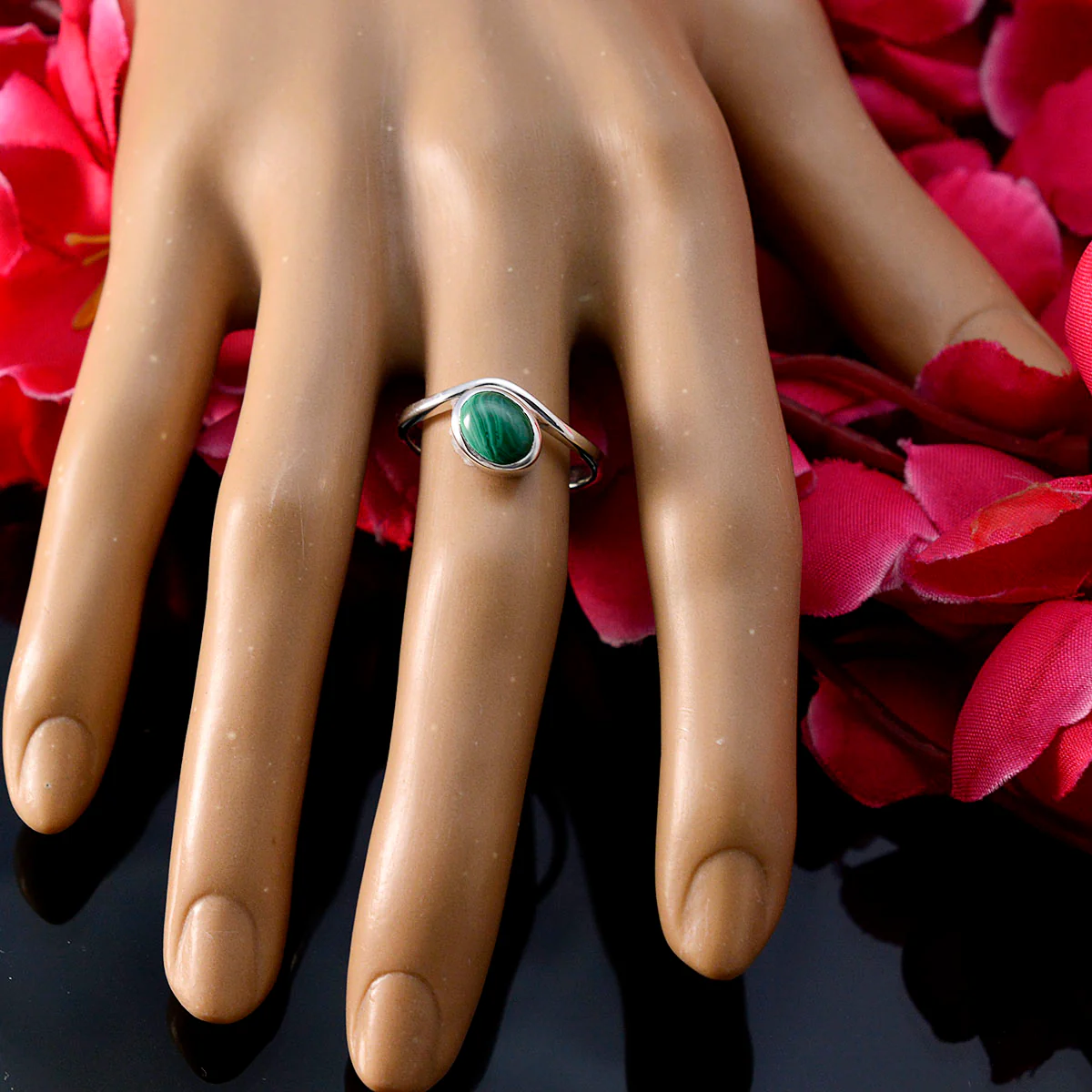 Malachite Solitaire Turkish 92.5 Silver Green Gems Whisper-thin Abstract Ring Jewelry - Image 5
