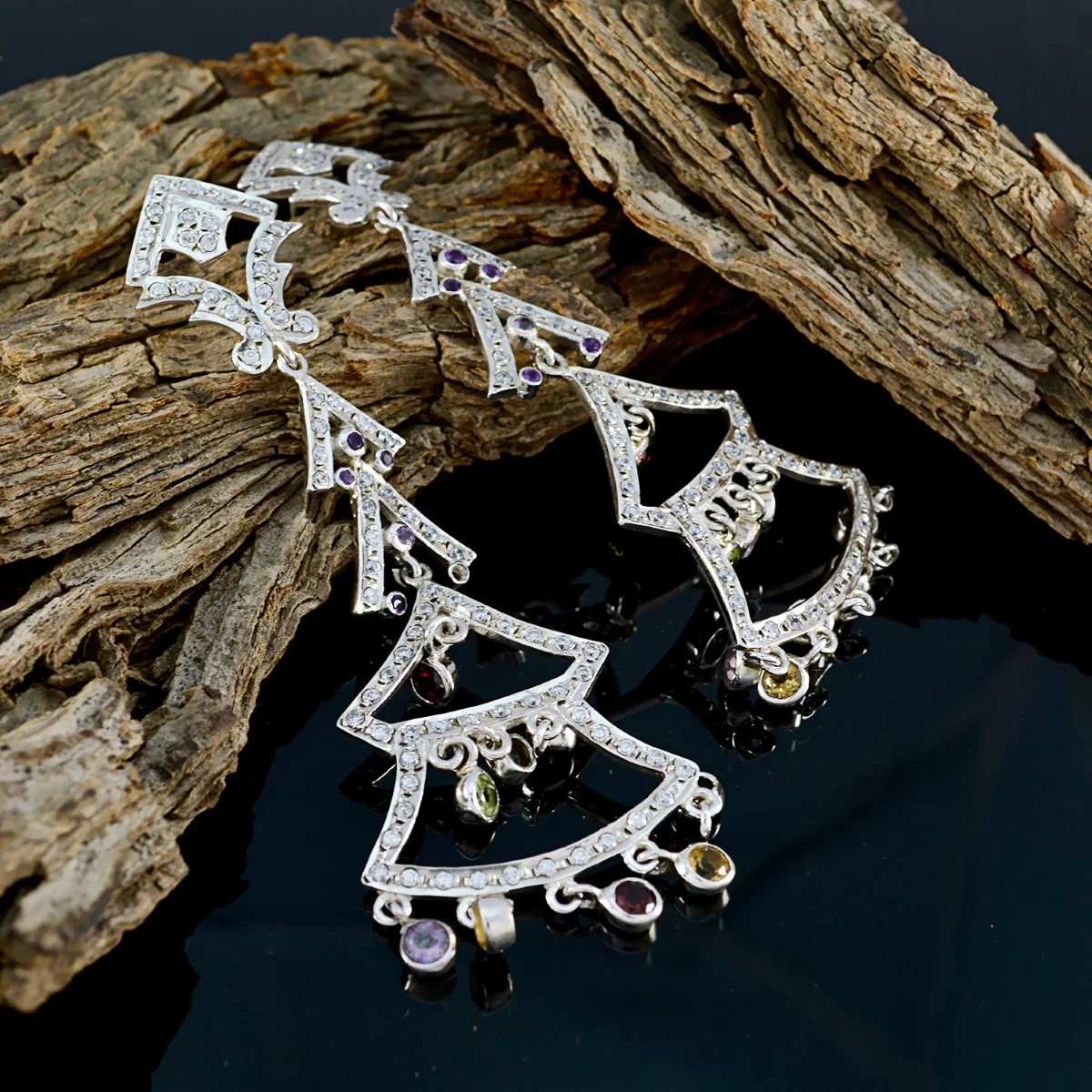 Multi CZ Indian Kristine multiple Stud multicolor 92.5 Silver Earring - Image 3