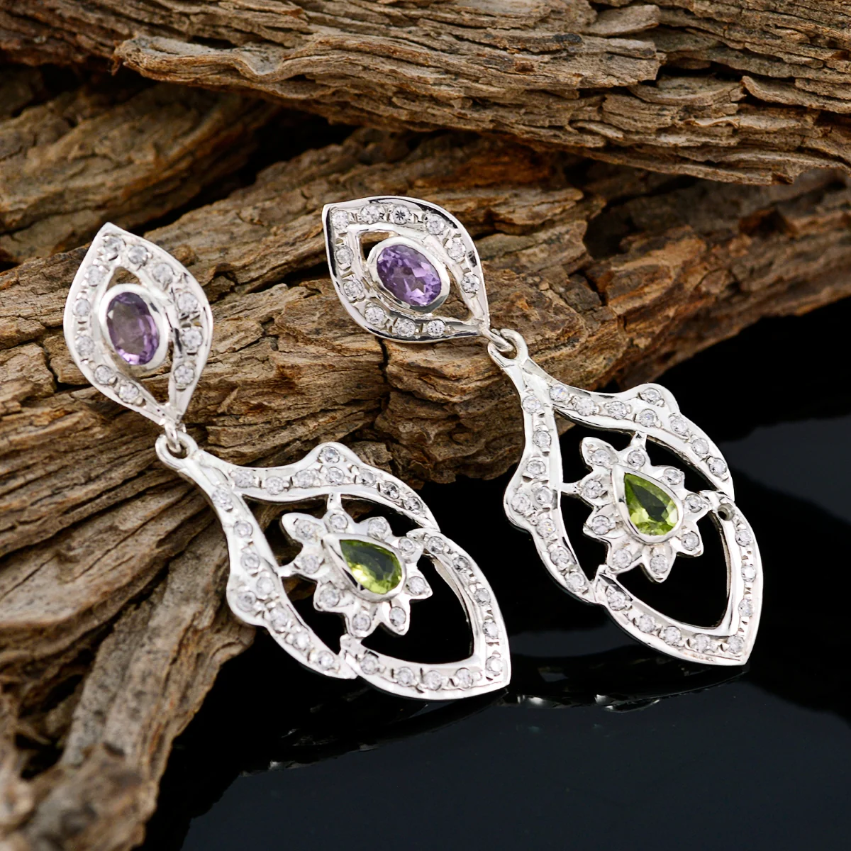 Multi CZ Indian Liyana multiple Stud multicolor Sterling Silver Earring - Image 3