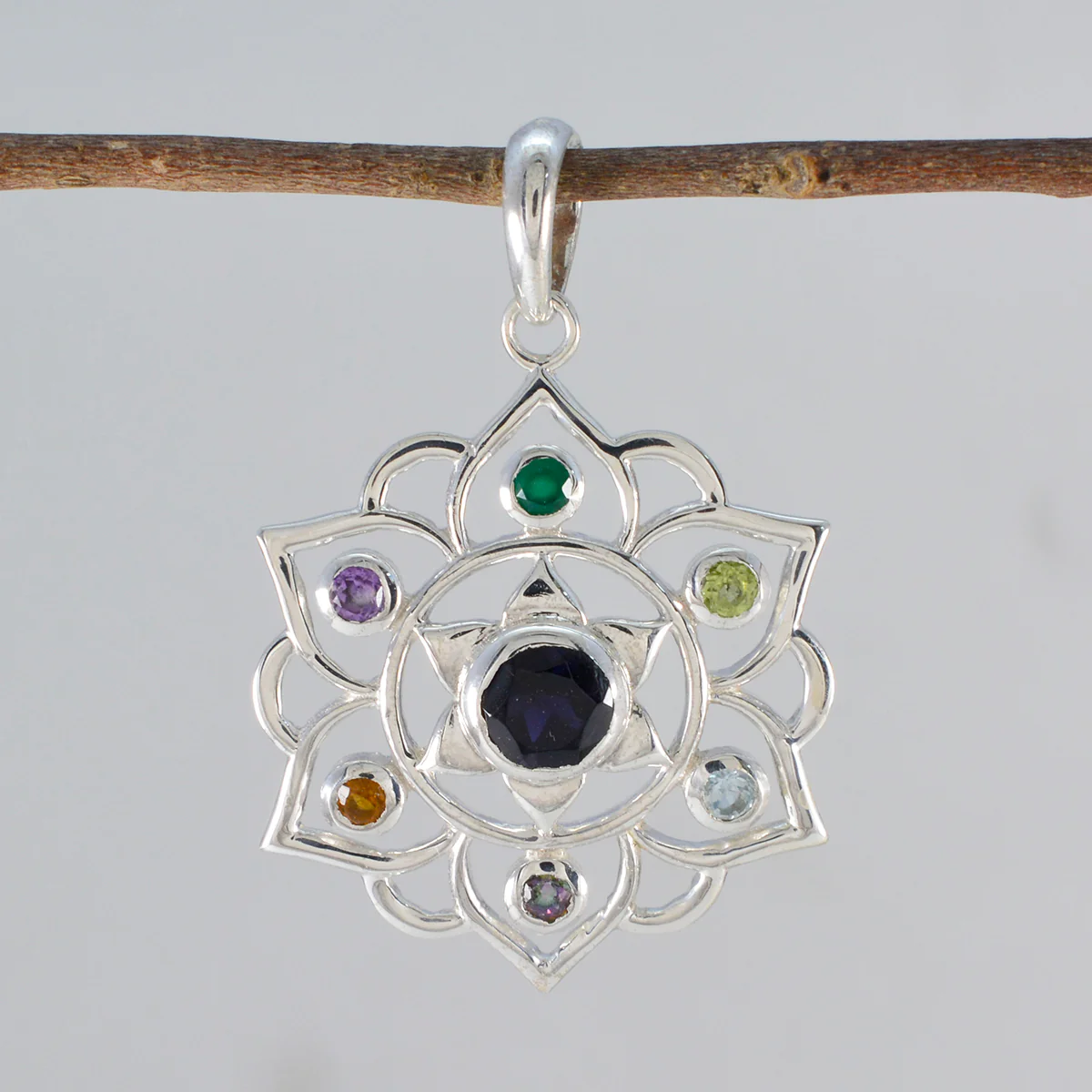 Multi Stone Classic Mexican Sterling Silver Hepta Lucia Rope-Wire multicolor Pendant Jewellery - Image 2