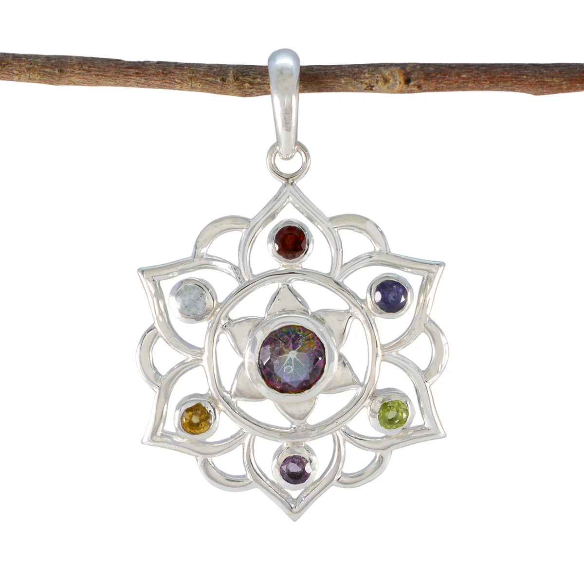 Multi Stone Classic Mexican Sterling Silver Hepta Yasmine Rope-Wire multicolor Pendant Jewellery