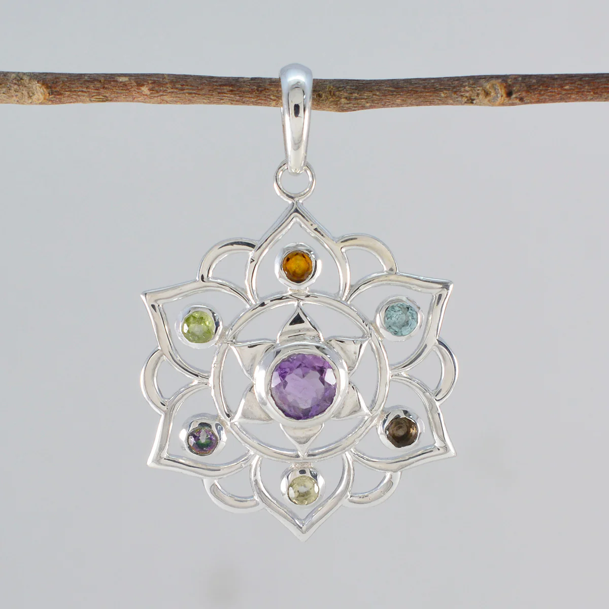 Multi Stone Classic Turkish Sterling Silver Hepta Olivia Rope-Wire multicolor Pendant Jewellery - Image 2