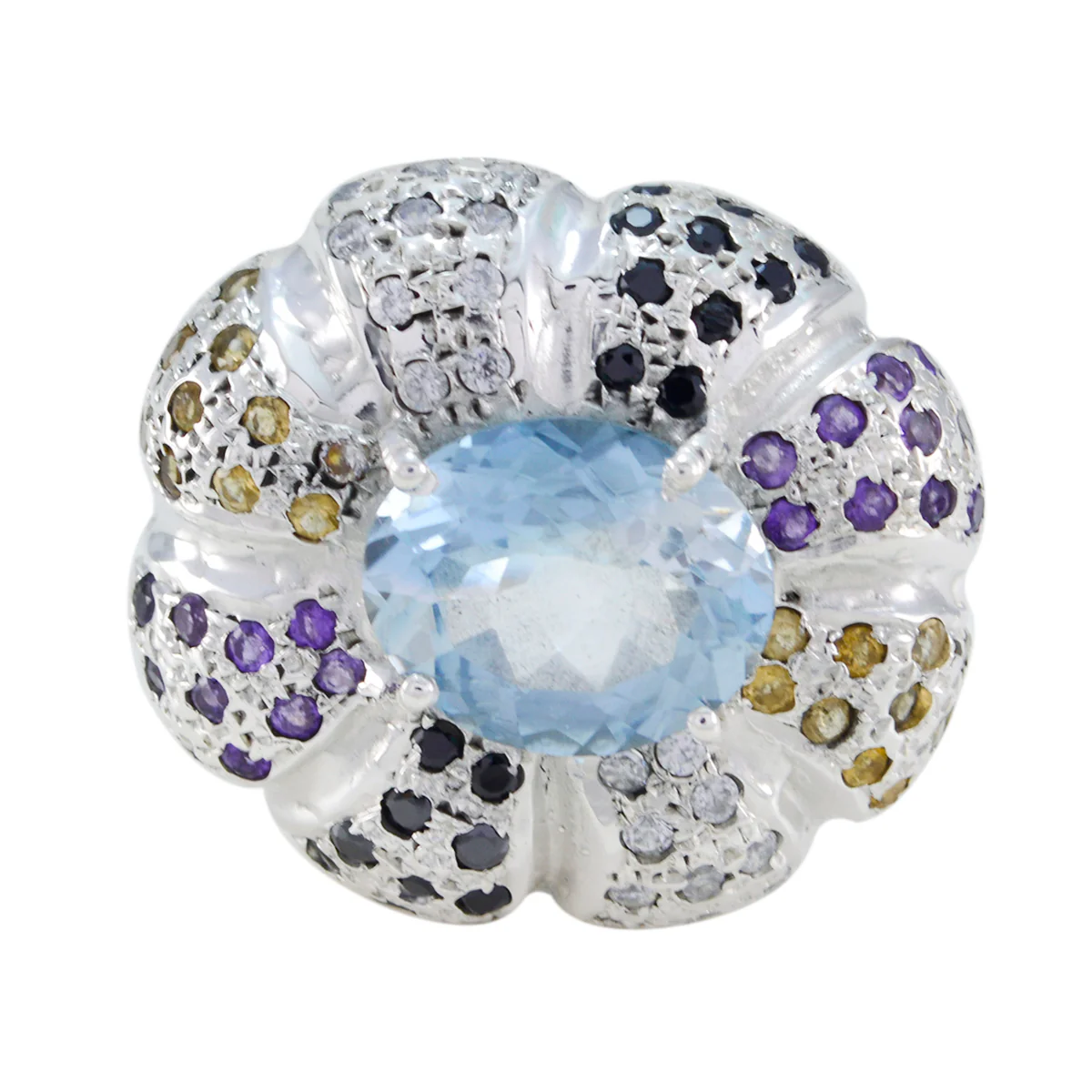 Multi Stone Halo French 925 Sterling Silver multicolor Gemstone Statement Cocktail Ring Jewellery - Image 2