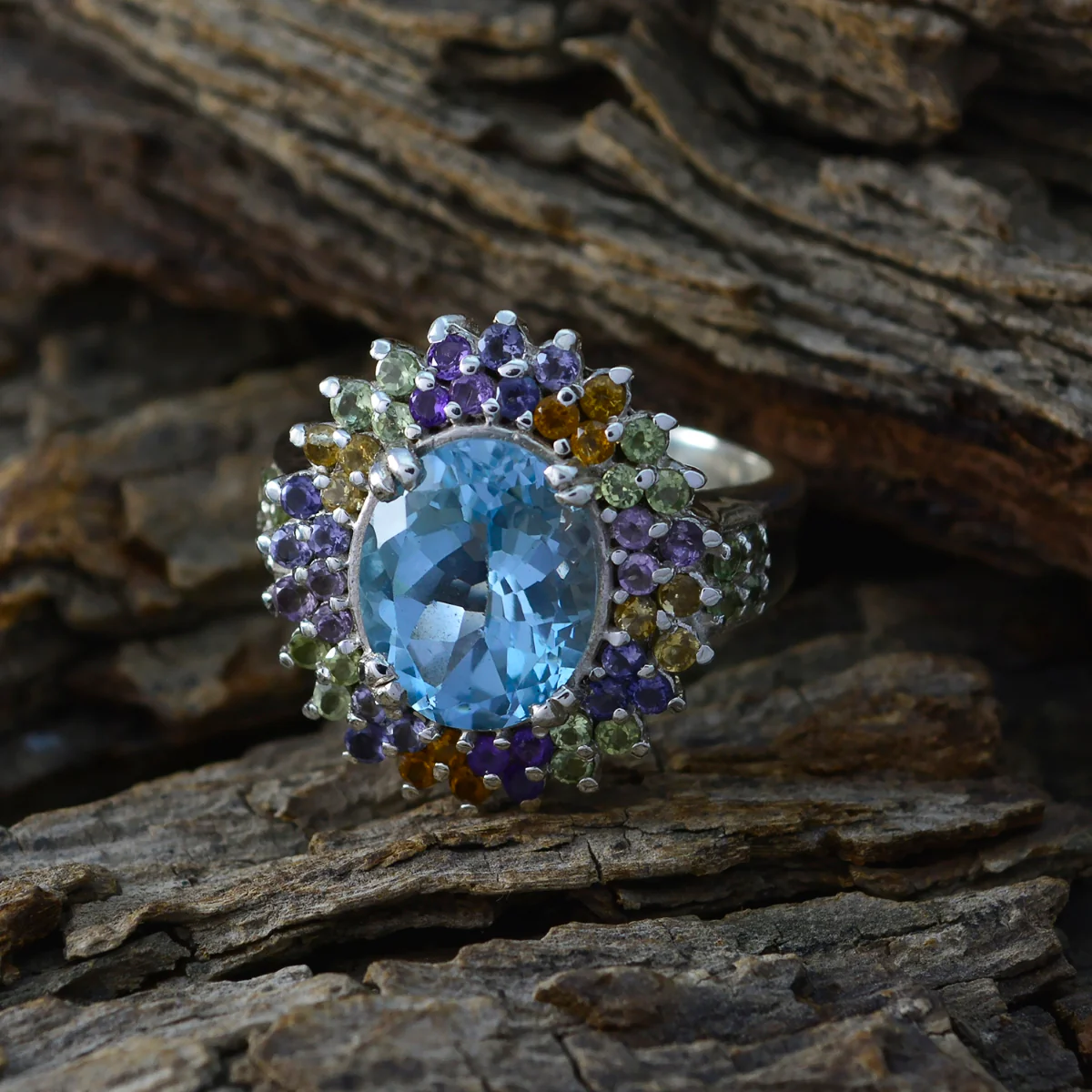 Multi Stone Halo German 925 Sterling Silver multicolor Gems Versatile Cocktail Ring Jewelry - Image 3
