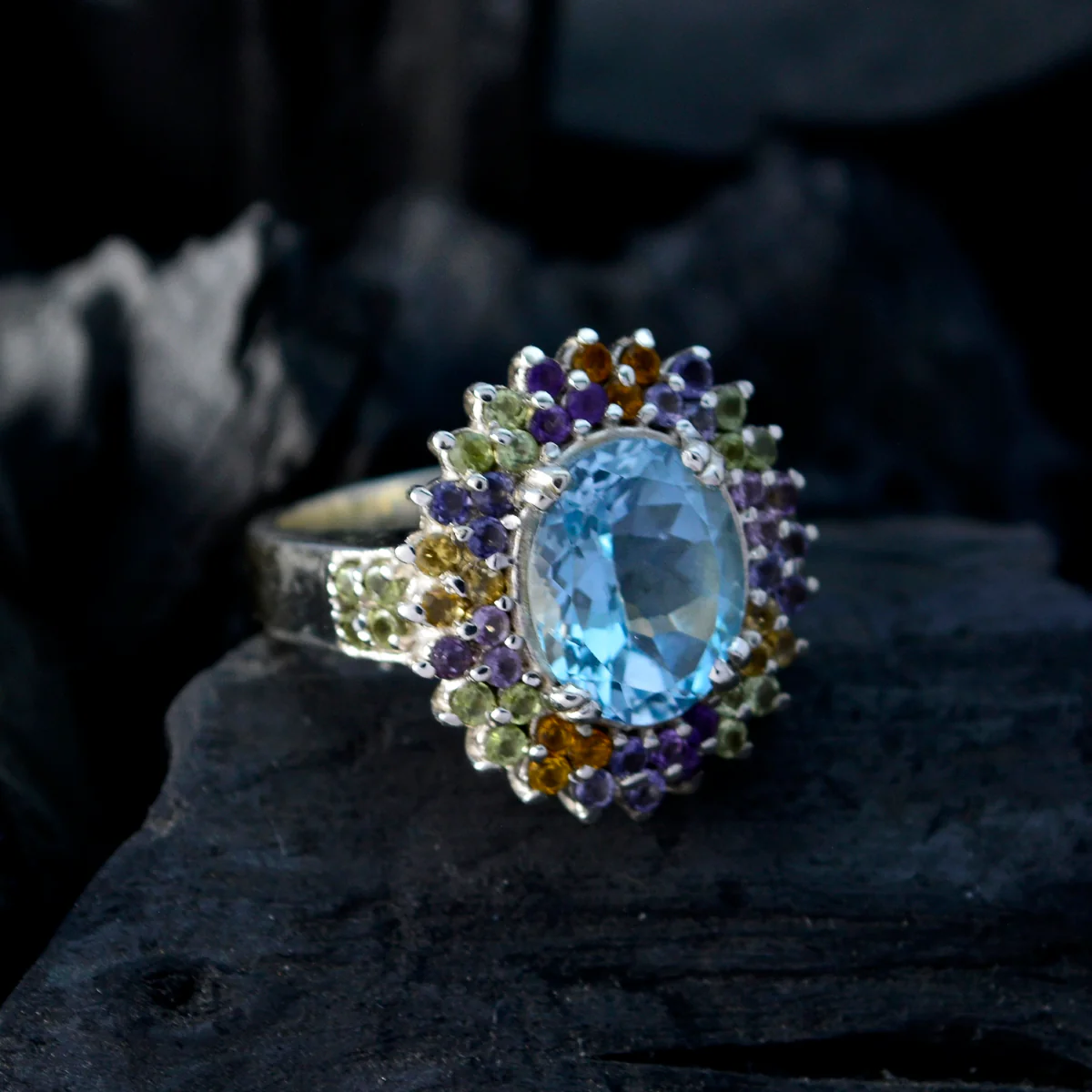 Multi Stone Halo German 925 Sterling Silver multicolor Gems Versatile Cocktail Ring Jewelry - Image 4