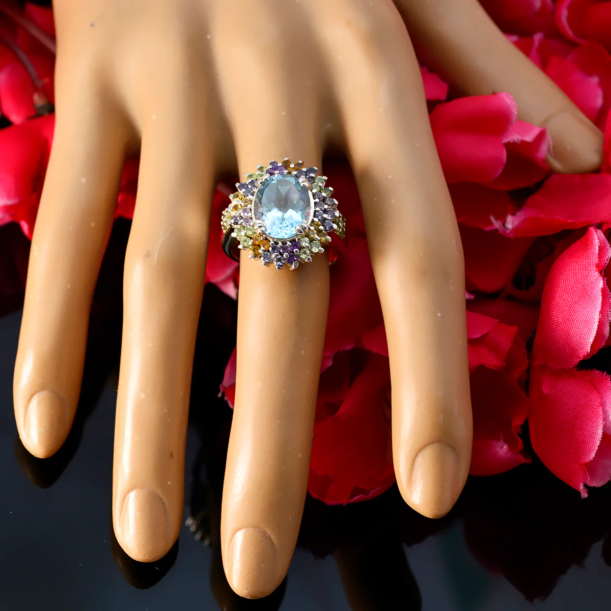 Multi Stone Halo German 925 Sterling Silver multicolor Gems Versatile Cocktail Ring Jewelry - Image 5