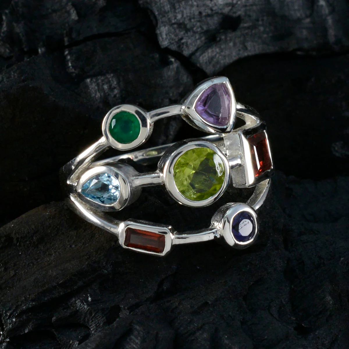 Multi Stone Hepta African Silver multicolor Gems Featherlight Abstract Ring Jewelry - Image 4