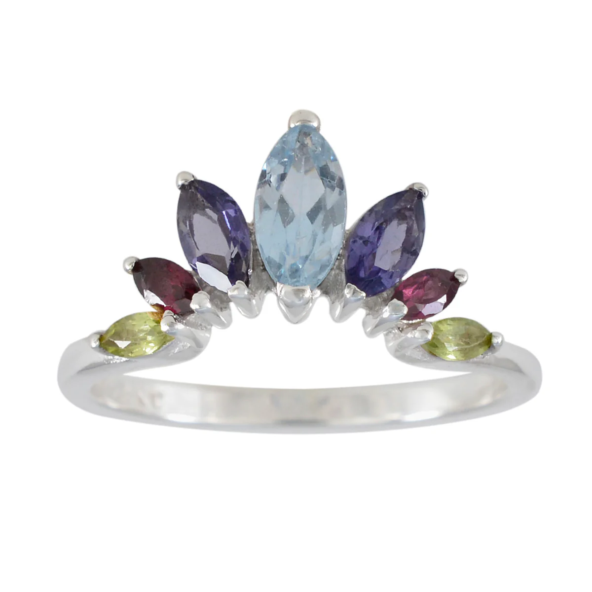 Multi Stone Hepta Japanese 925 Sterling Silver multicolor Gems Dainty crown Ring Jewelry