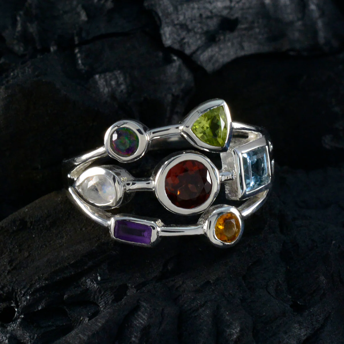 Multi Stone Hepta Russian Sterling Silver multicolor Gemstone Featherlight Cocktail Ring Jewellery - Image 4