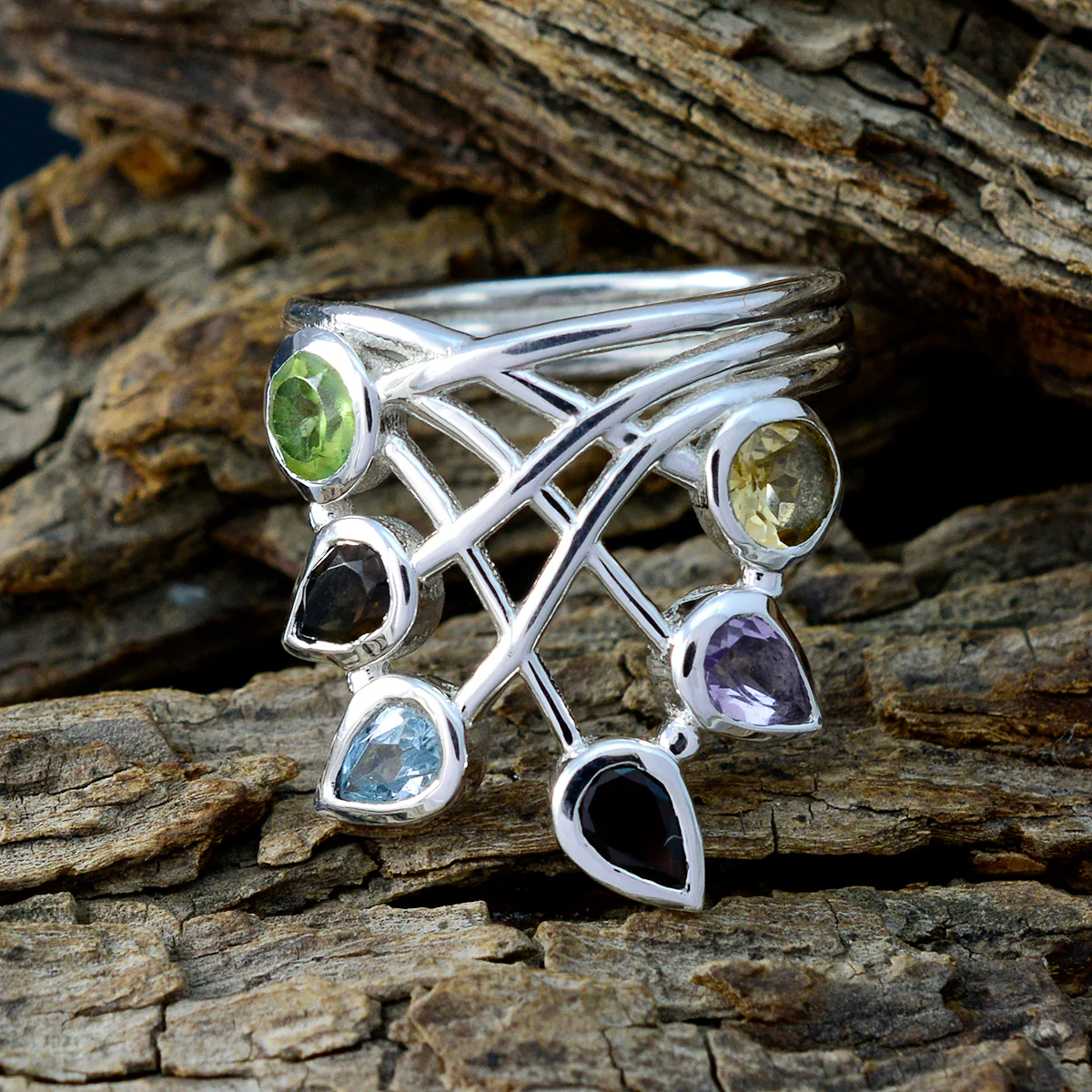 Multi Stone Hexa Moroccan Sterling Silver multicolor Gemstone Eye-catching Modern Ring Jewellery - Image 3