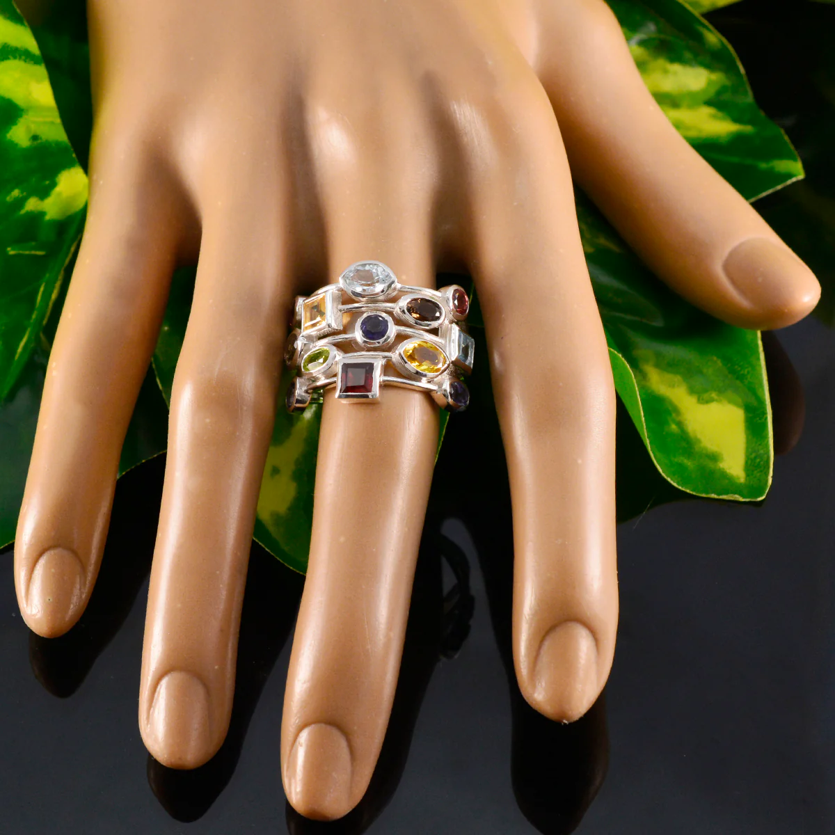 Multi Stone multiple French Sterling Silver multicolor Gems Eye-catching Cocktail Ring Jewelry - Image 5