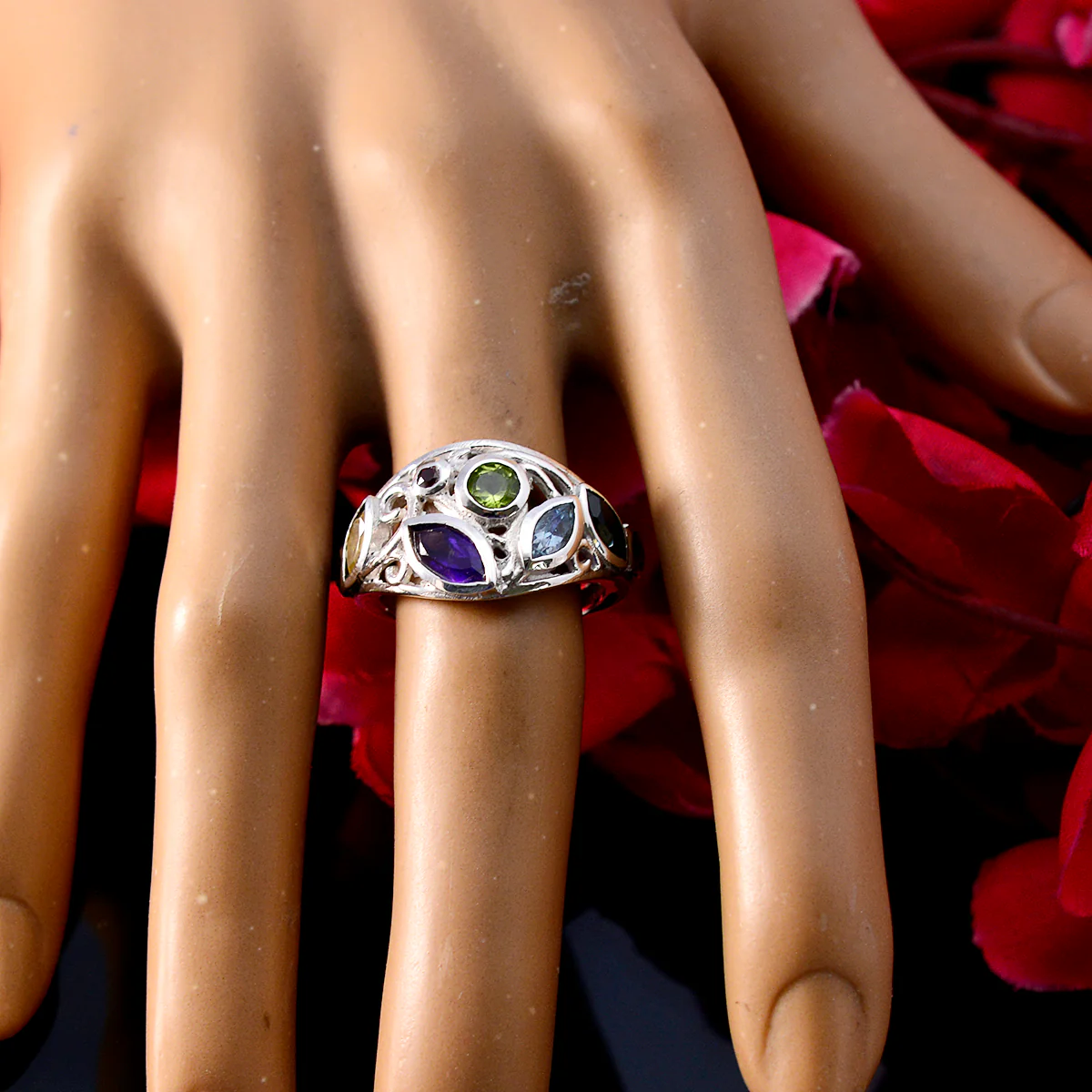 Multi Stone multiple German 925 Silver multicolor Gemstones Minimal Boho Ring Jewellery - Image 2