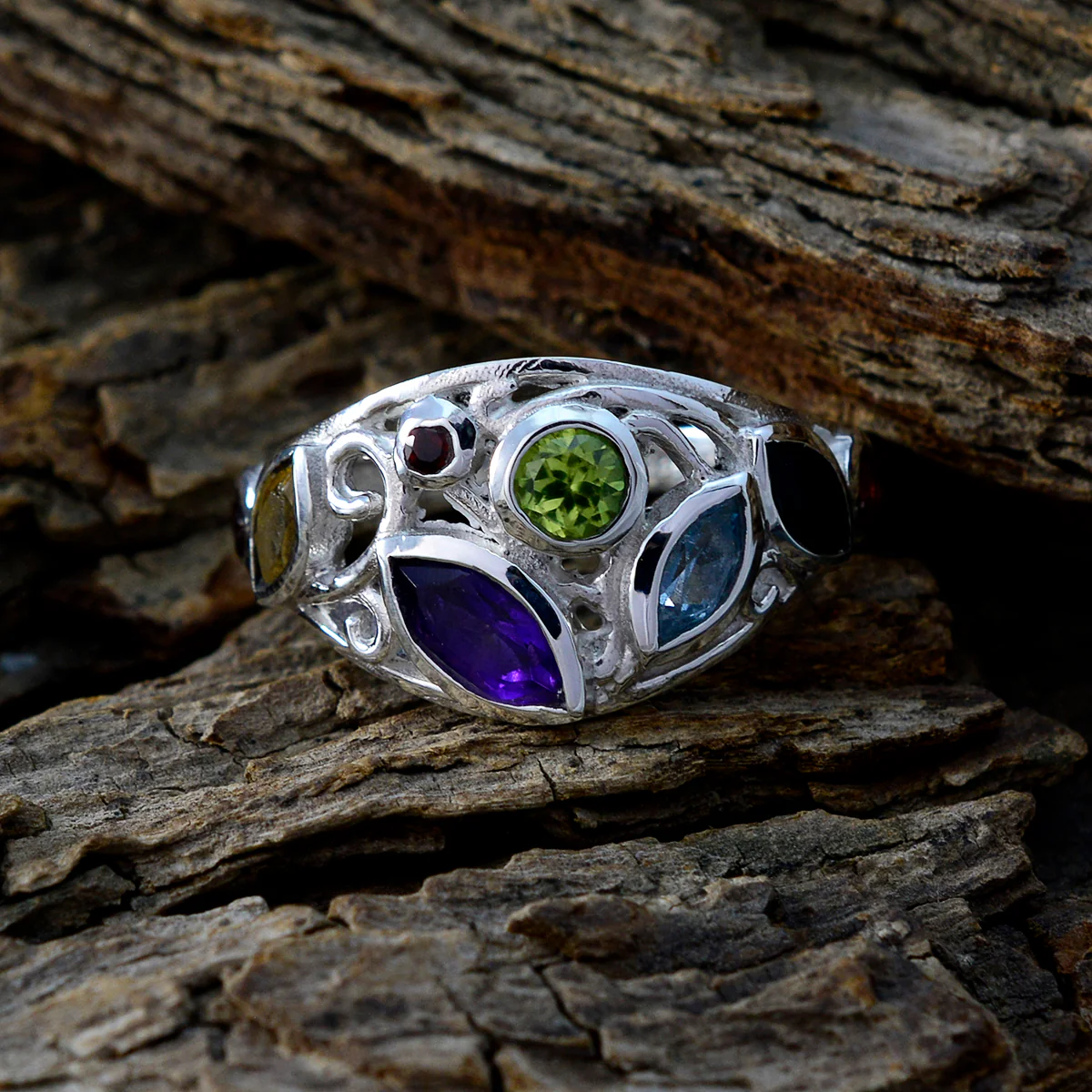 Multi Stone multiple German 925 Silver multicolor Gemstones Minimal Boho Ring Jewellery - Image 3