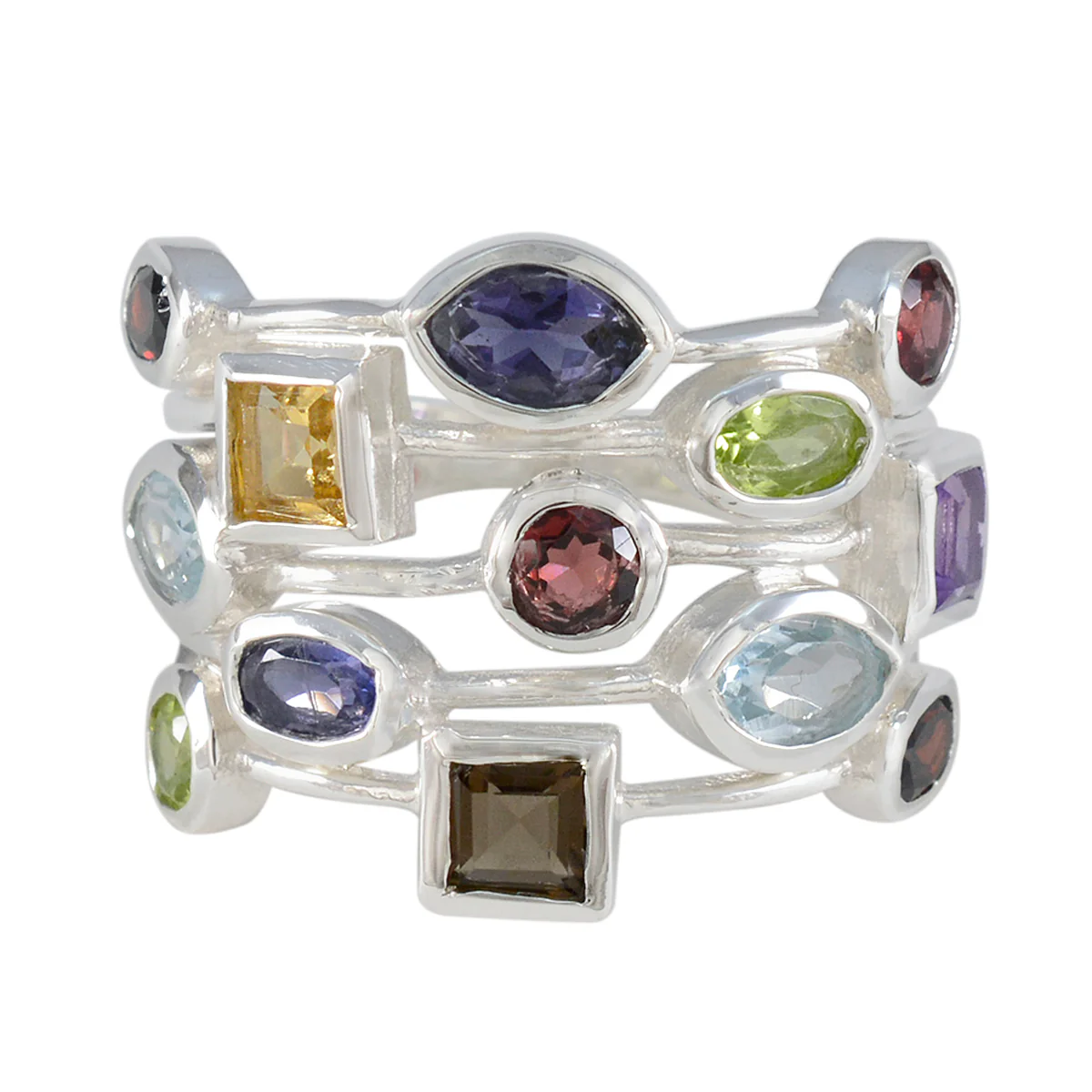 Multi Stone multiple Indian 92.5 Silver multicolor Gemstones Eye-catching Cocktail Ring Jewelry