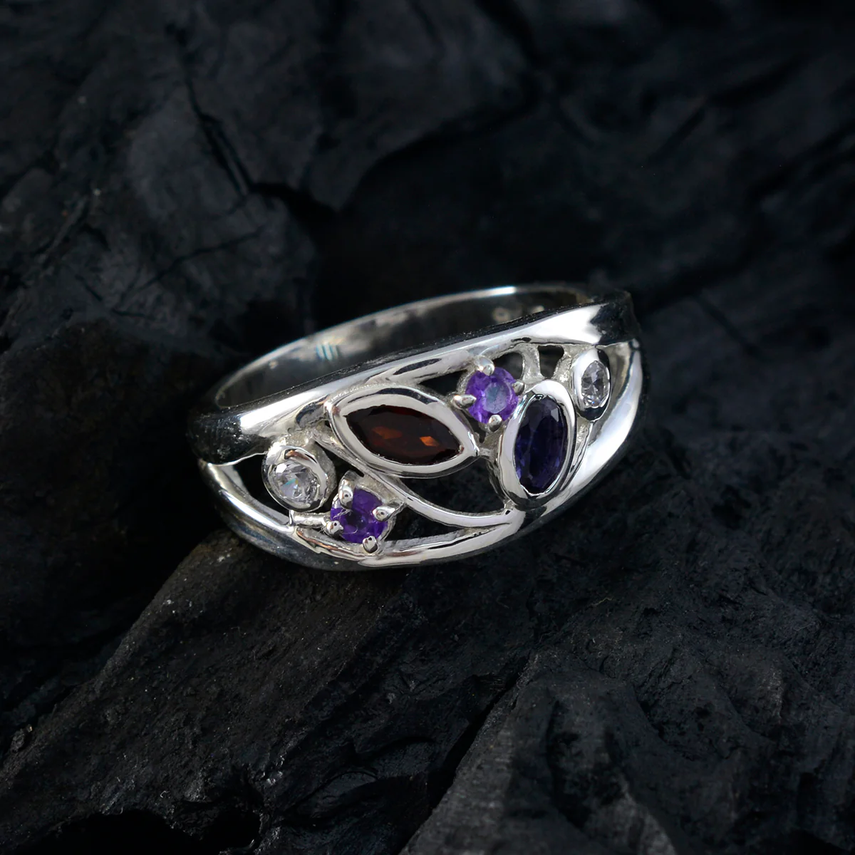 Multi Stone multiple Indian Silver multicolor Gems Tiny Modern Ring Jewelry - Image 4
