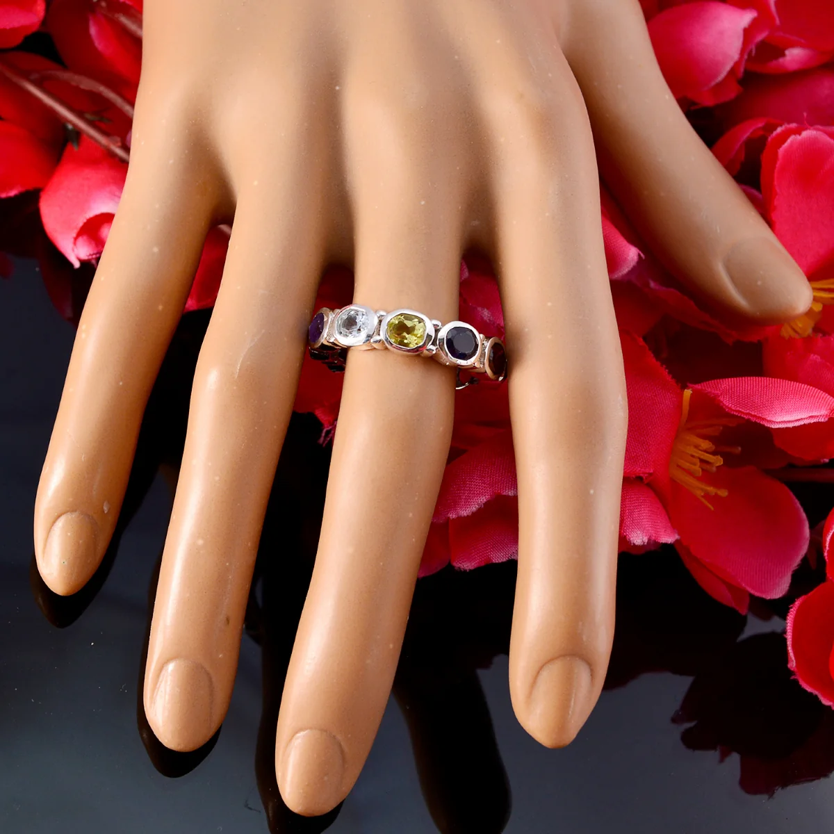 Multi Stone multiple Indian Sterling Silver multicolor Gemstone Classic Eternity Band Jewelry - Image 5