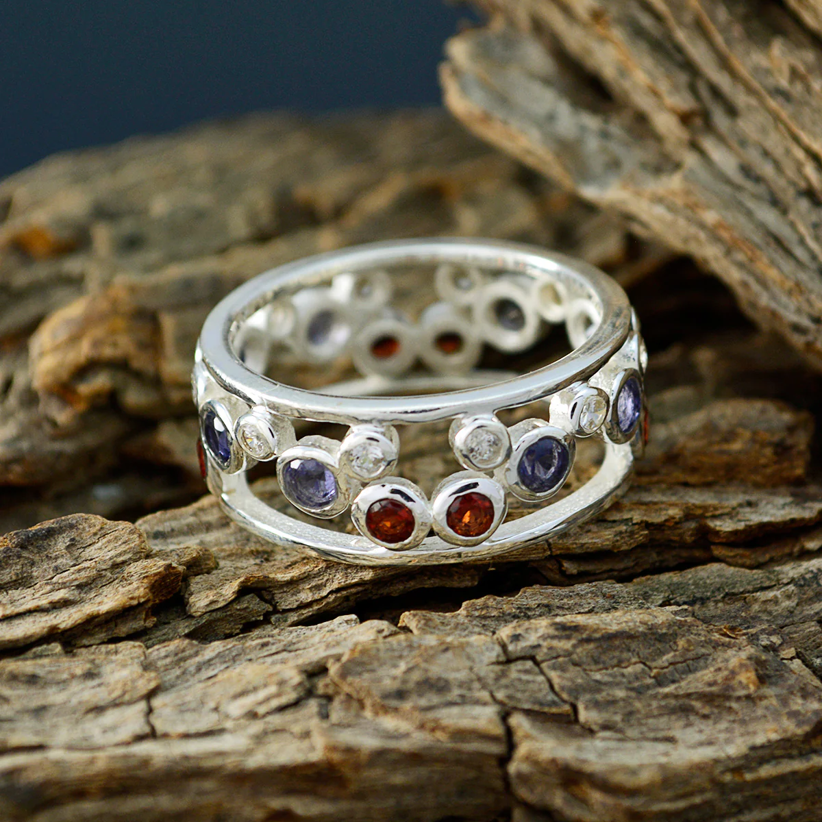 Multi Stone multiple Russian 92.5 Silver multicolor Gemstone Mid-weight Bubble Band Jewelry - Image 3
