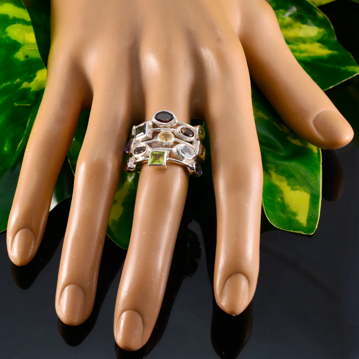Multi Stone multiple Russian Sterling Silver multicolor Gemstones Eye-catching Cocktail Ring Jewelry - Image 5