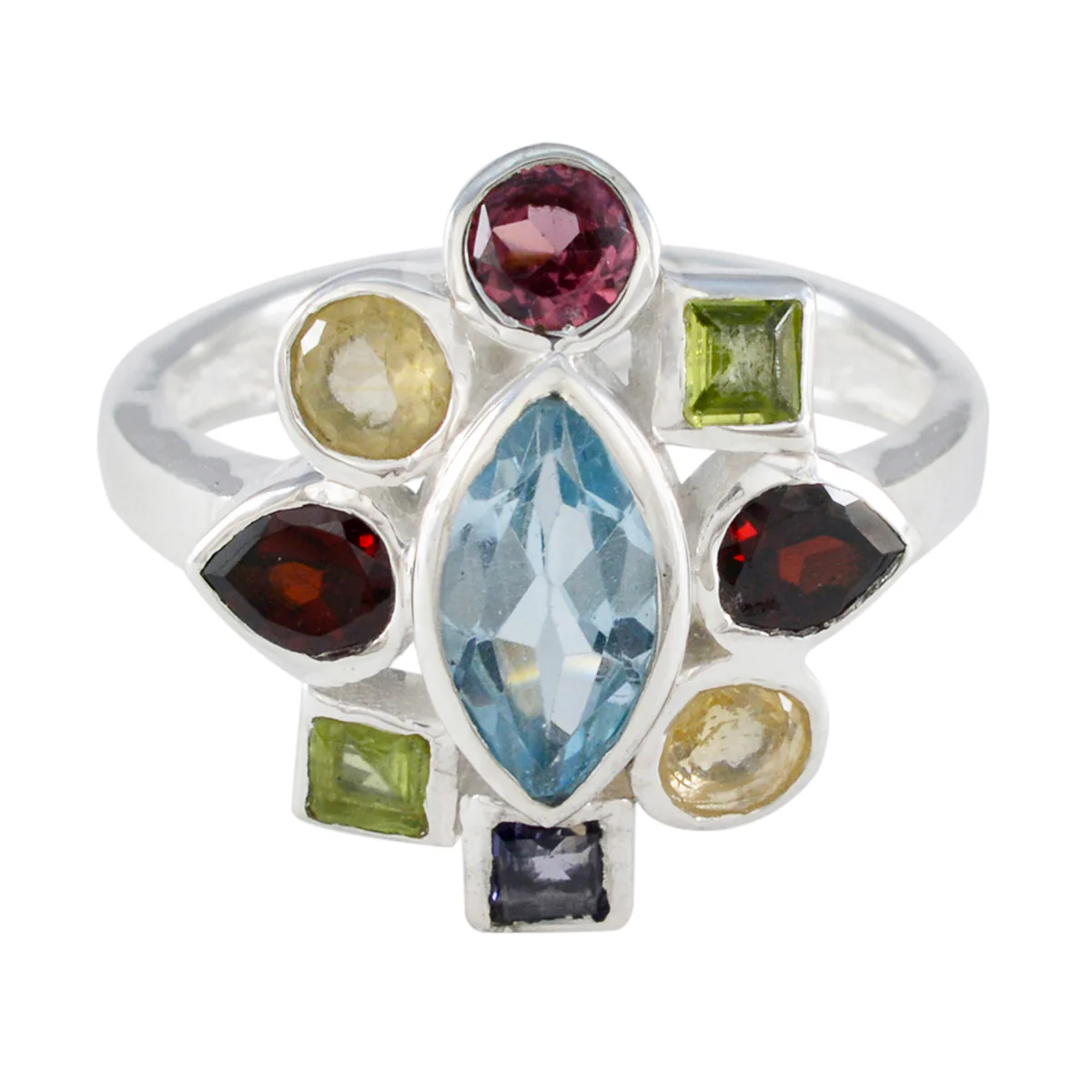Multi Stone navratna African 92.5 Silver multicolor Gems Eye-catching Cocktail Ring Jewelry