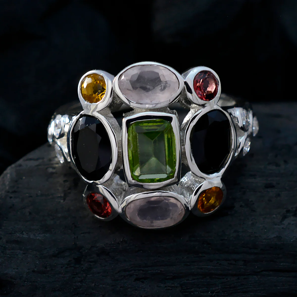 Multi Stone Navratna African Silver multicolor Gemstones Classic Cocktail Ring Jewelry - Image 4