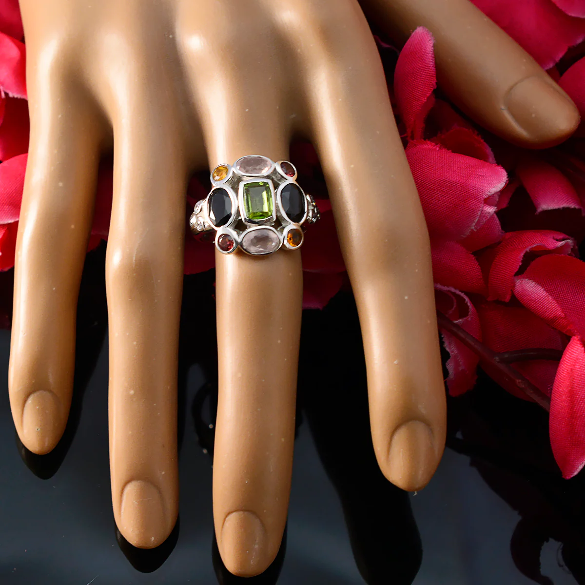 Multi Stone Navratna African Silver multicolor Gemstones Classic Cocktail Ring Jewelry - Image 5