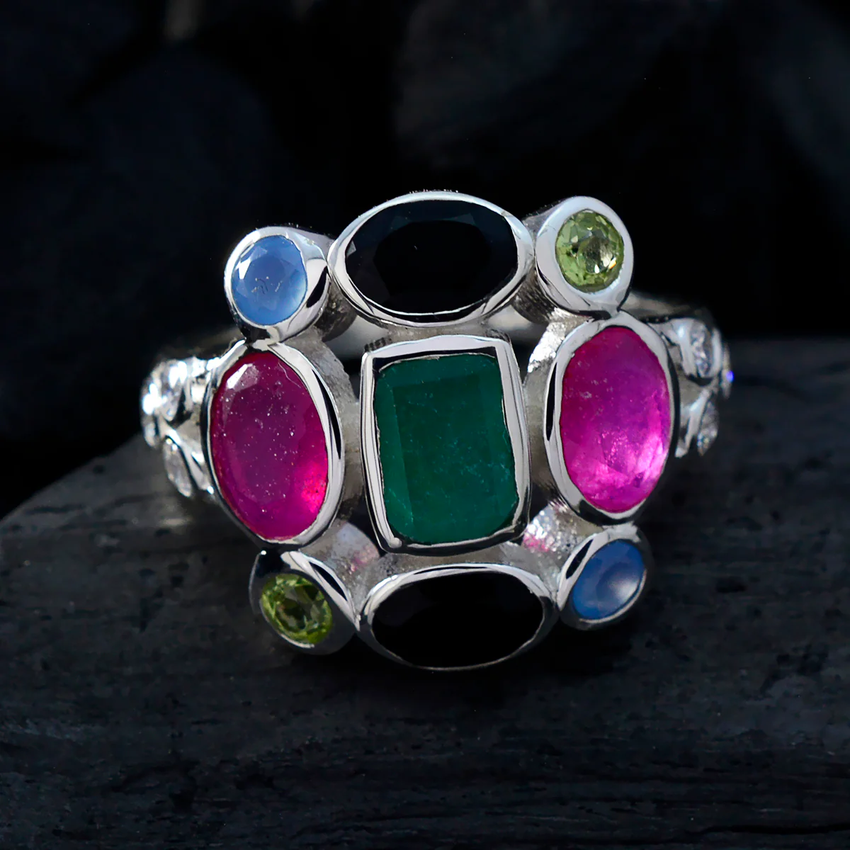 Multi Stone Navratna Egyptian 92.5 Silver multicolor Gemstones Classic Cocktail Ring Jewellery - Image 4