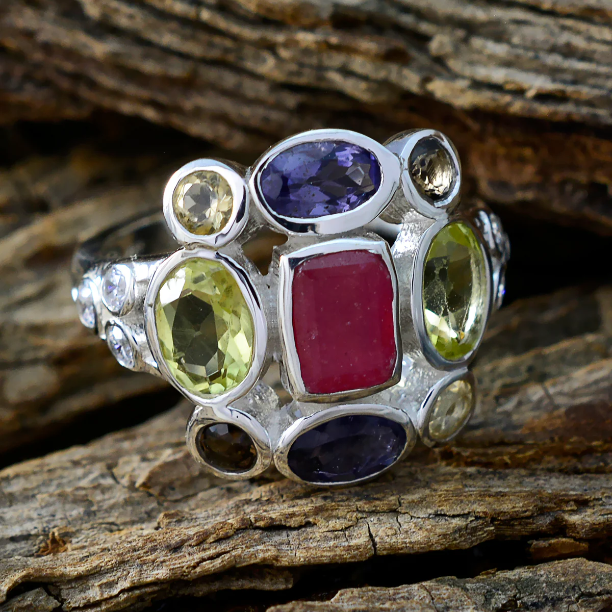 Multi Stone Navratna French 925 Silver multicolor Gemstones Classic Cocktail Ring Jewellery - Image 3