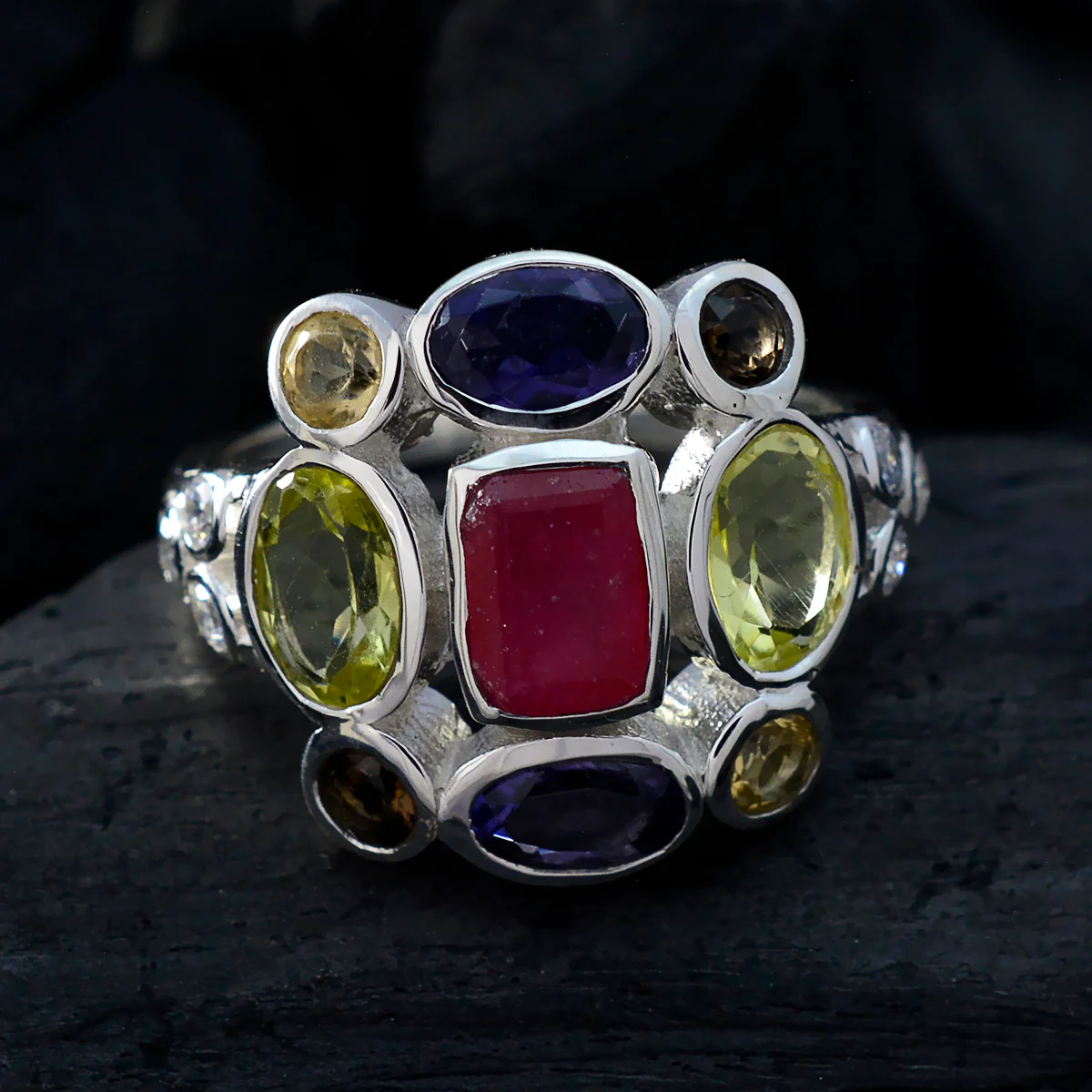 Multi Stone Navratna French 925 Silver multicolor Gemstones Classic Cocktail Ring Jewellery - Image 4