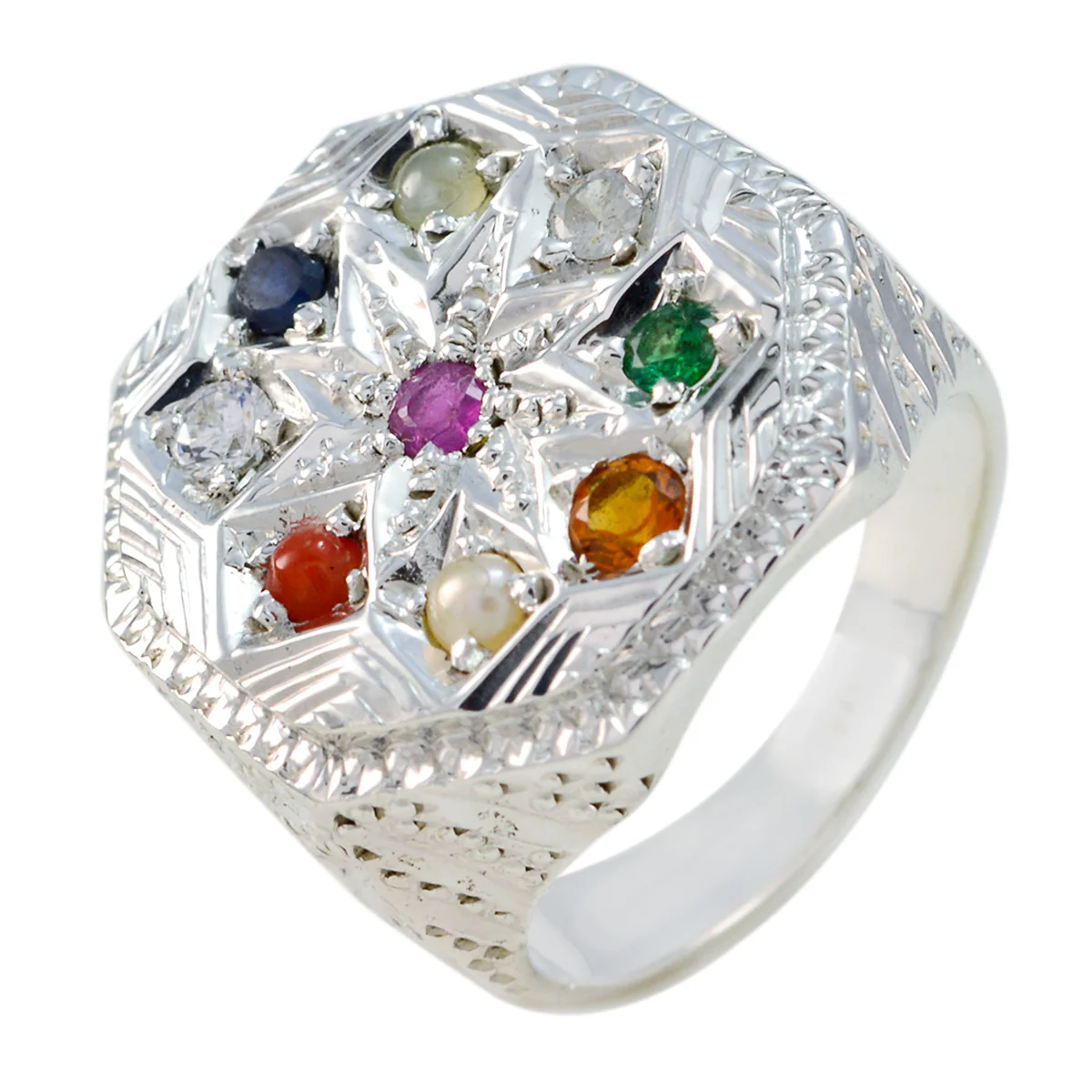 Multi Stone Navratna Indian Silver multicolor Gemstone Chunky Cocktail Ring Jewellery - Image 2