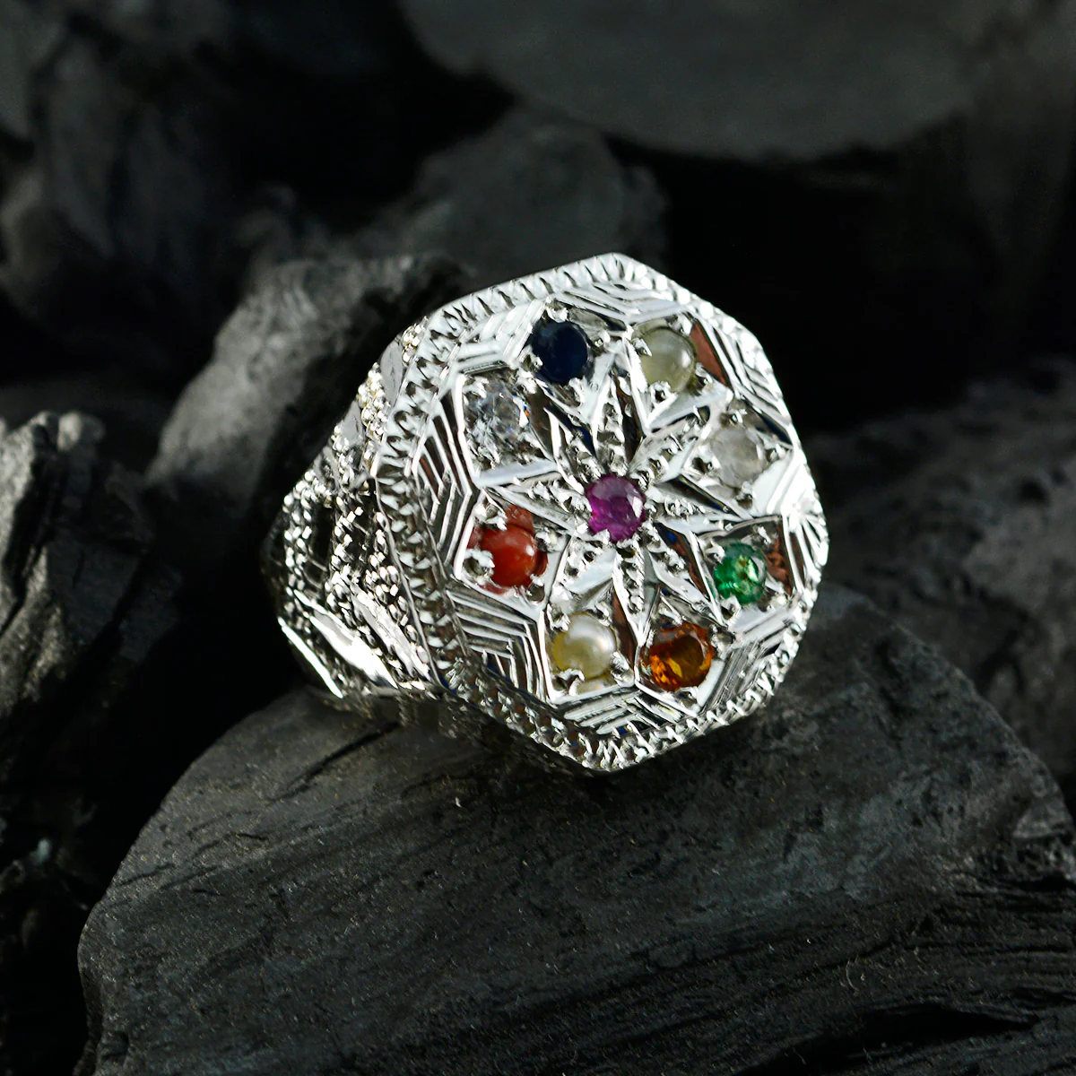 Multi Stone Navratna Indian Silver multicolor Gemstone Chunky Cocktail Ring Jewellery - Image 4