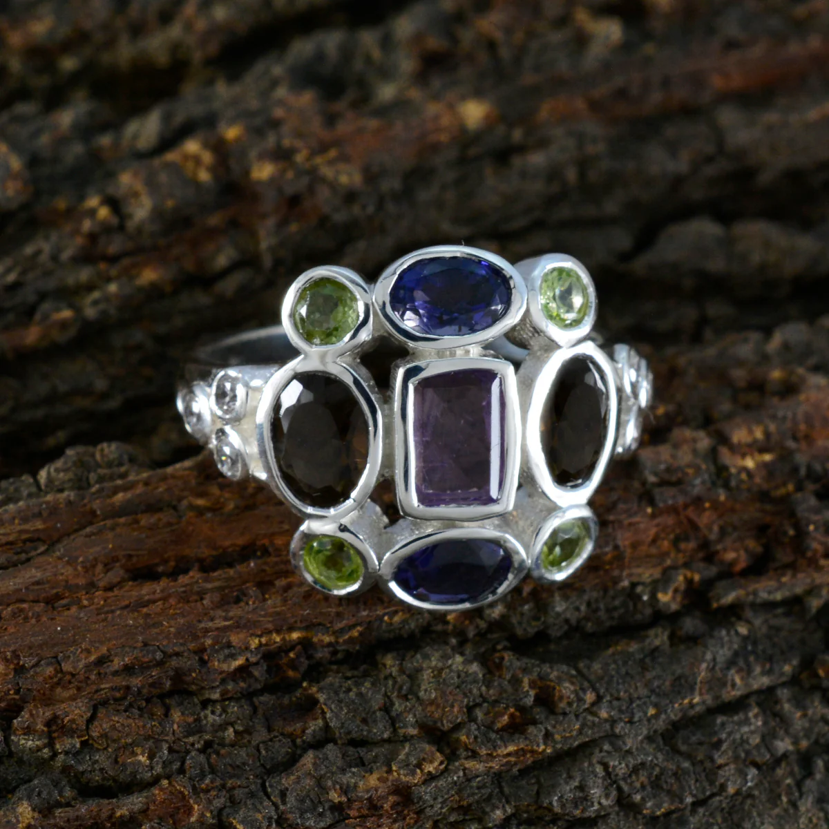 Multi Stone Navratna Indian Sterling Silver multicolor Gemstones Classic Cocktail Ring Jewelry - Image 3