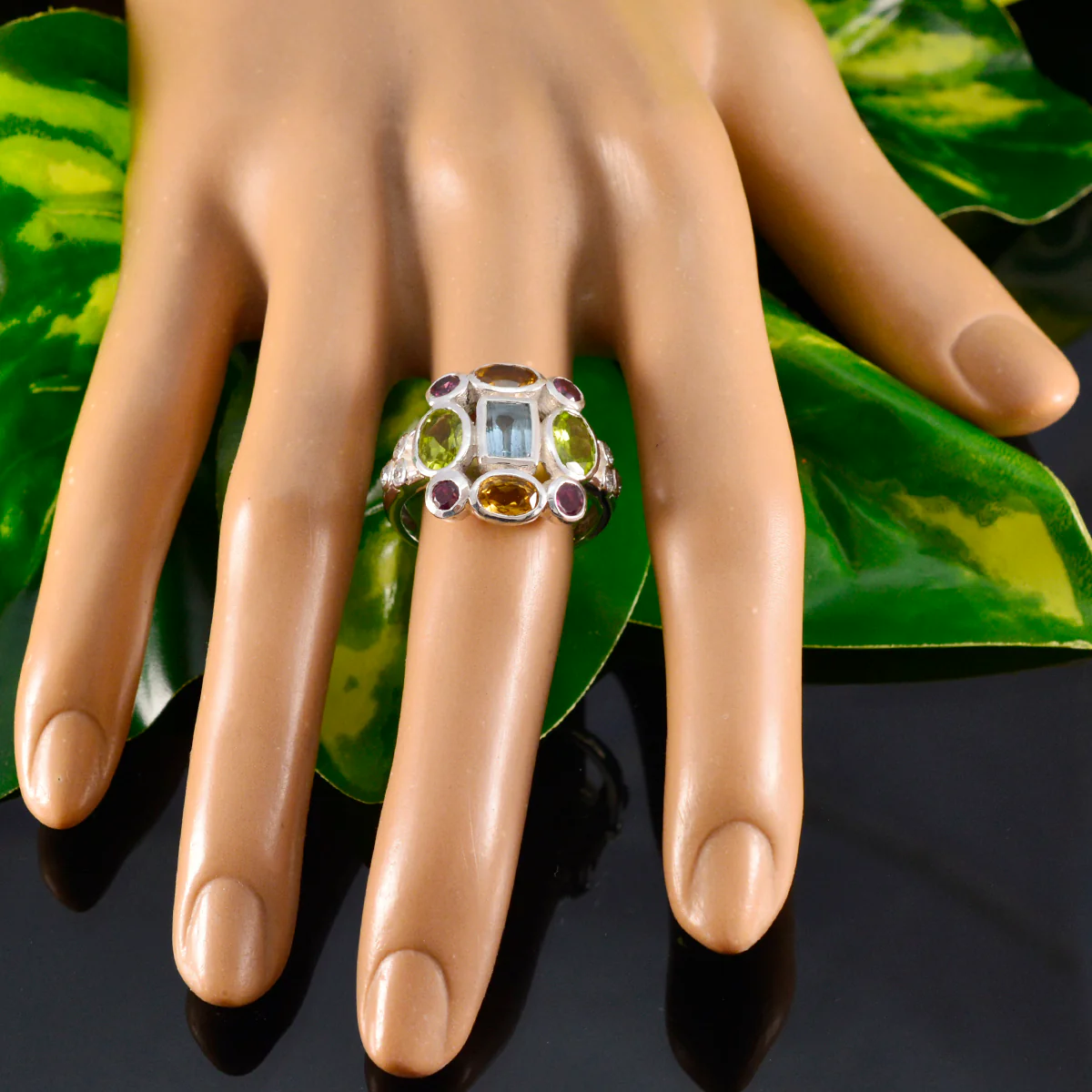Multi Stone Navratna Moroccan Silver multicolor Gems Classic Cocktail Ring Jewellery - Image 5