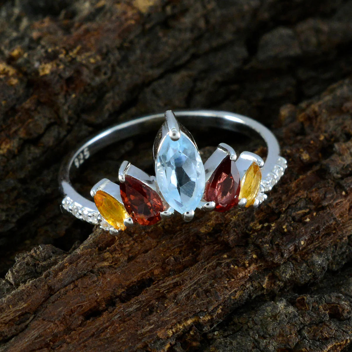 Multi Stone Penta American 92.5 Silver multicolor Gems Elegant crown Ring Jewellery - Image 4