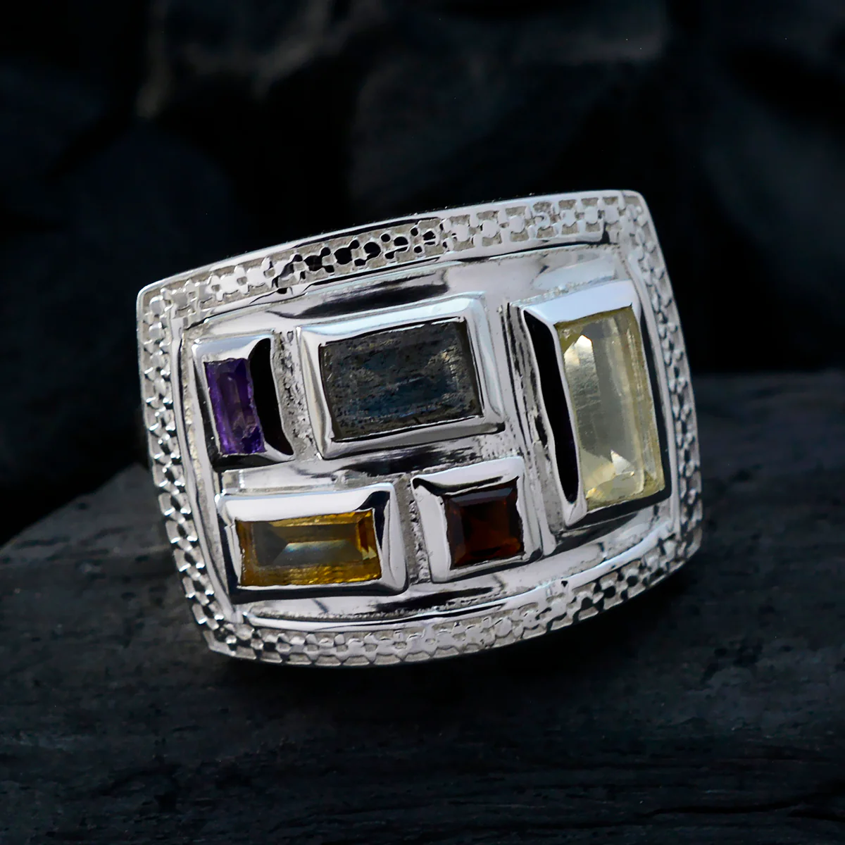 Multi Stone penta French Silver multicolor Gemstones Versatile Cocktail Ring Jewelry - Image 4