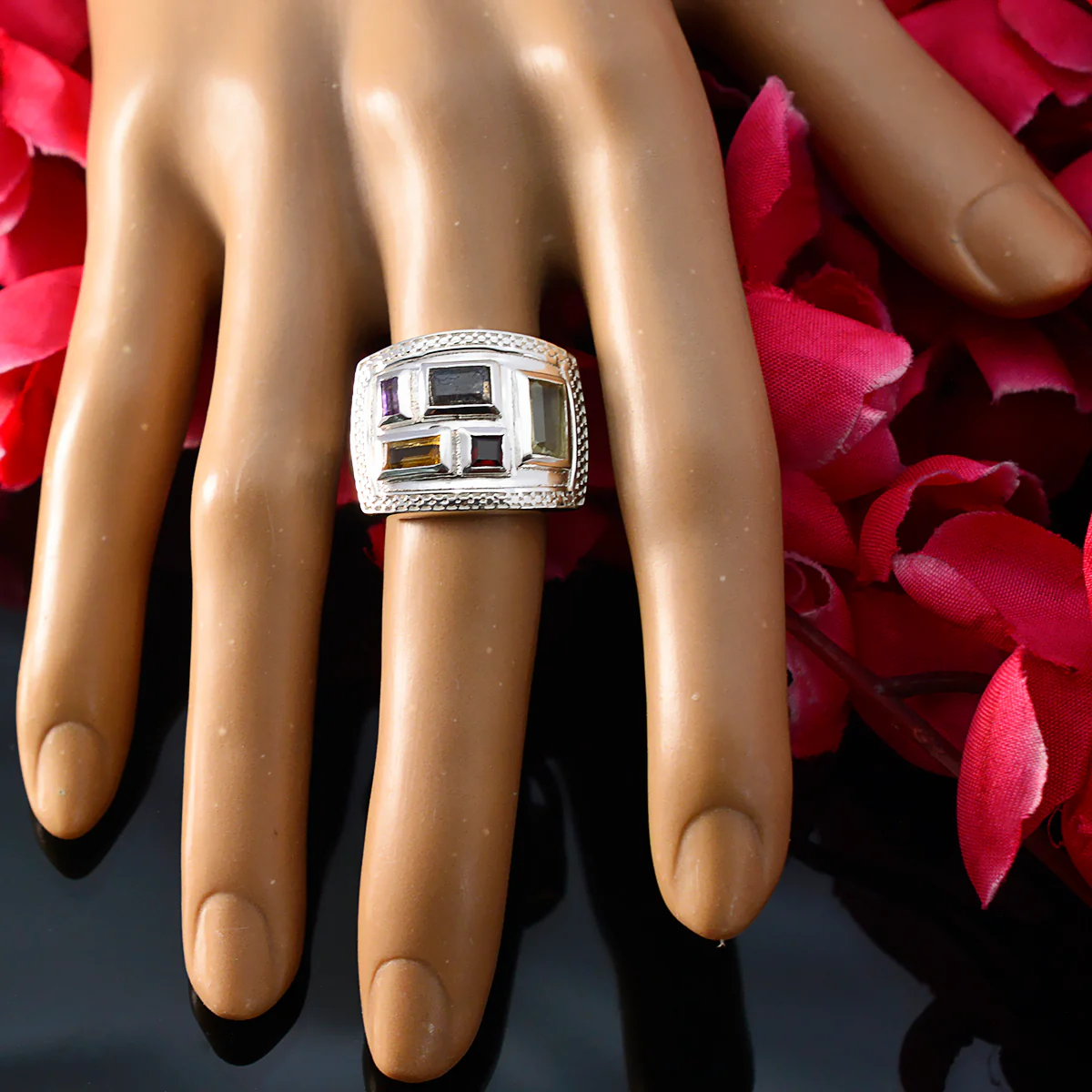 Multi Stone penta French Silver multicolor Gemstones Versatile Cocktail Ring Jewelry - Image 5
