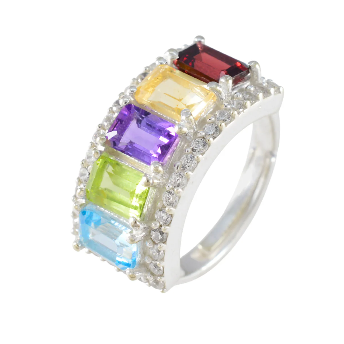 Multi Stone Penta French Sterling Silver multicolor Gemstone Classic Sophisticated Ring Jewelry - Image 2
