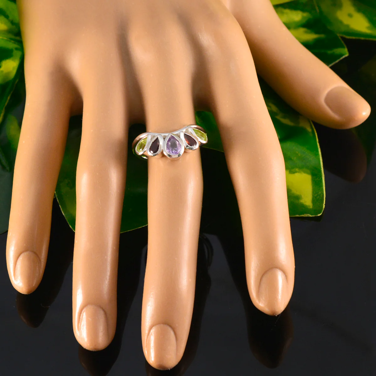 Multi Stone Penta Indian Silver multicolor Gems Slim crown Ring Jewellery - Image 6