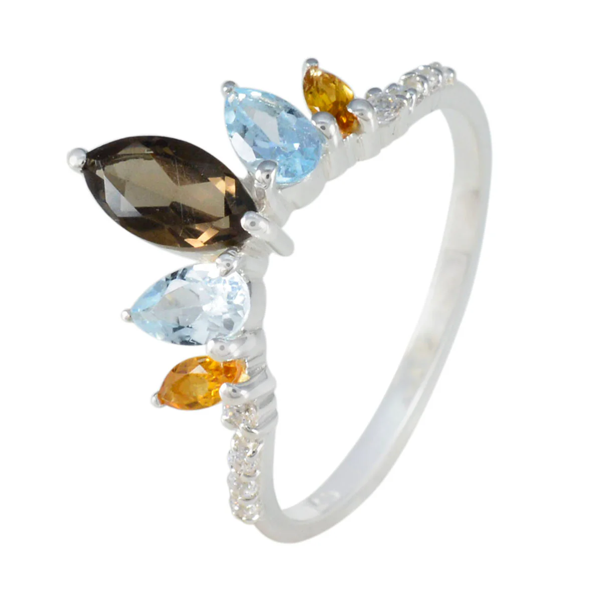 Multi Stone Penta Japanese Silver multicolor Gemstones Elegant crown Ring Jewellery - Image 2