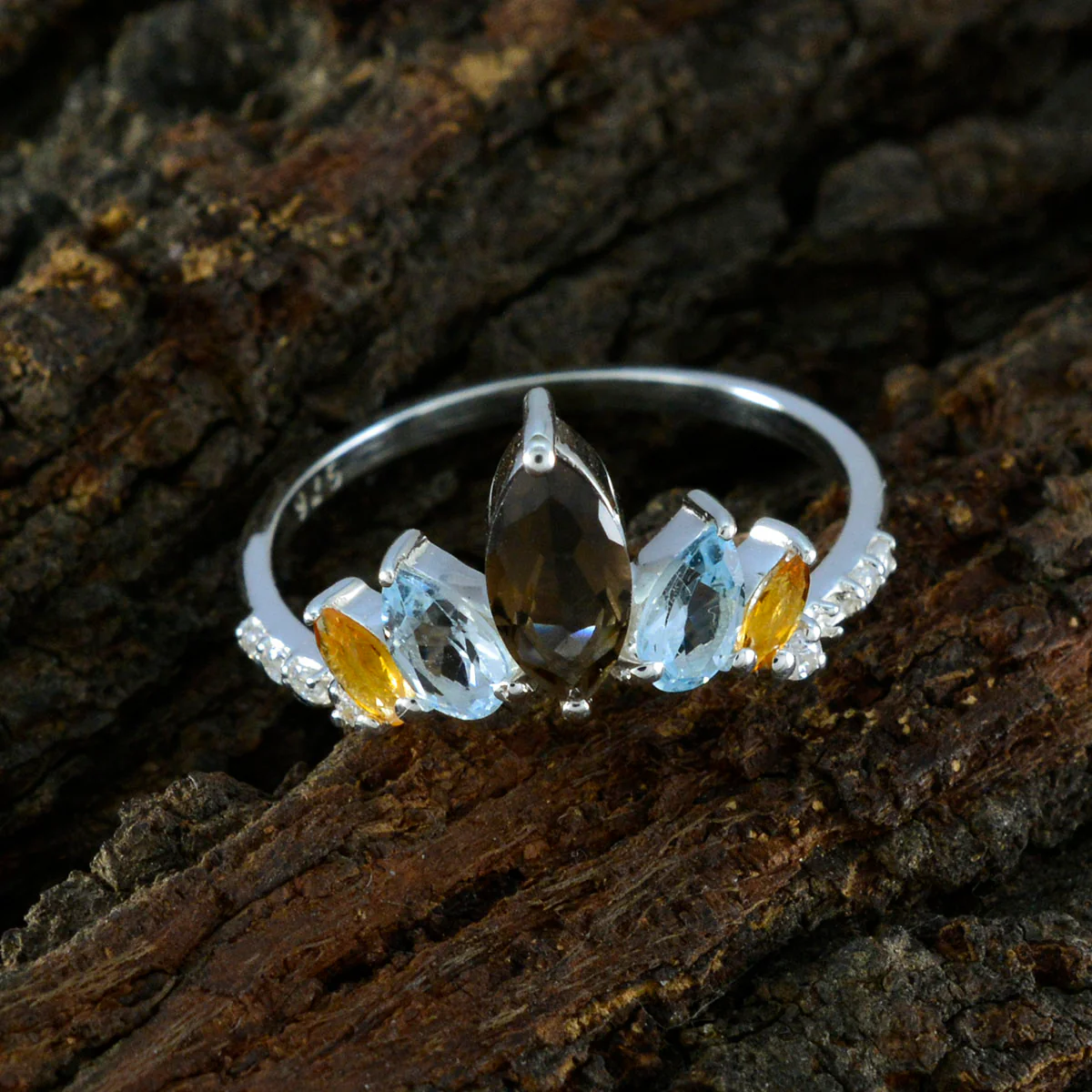 Multi Stone Penta Japanese Silver multicolor Gemstones Elegant crown Ring Jewellery - Image 4