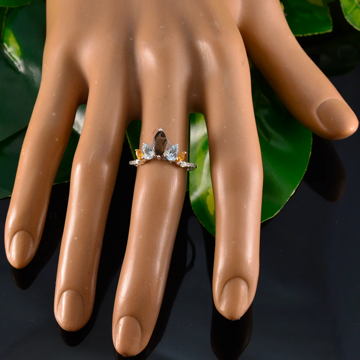 Multi Stone Penta Japanese Silver multicolor Gemstones Elegant crown Ring Jewellery - Image 6