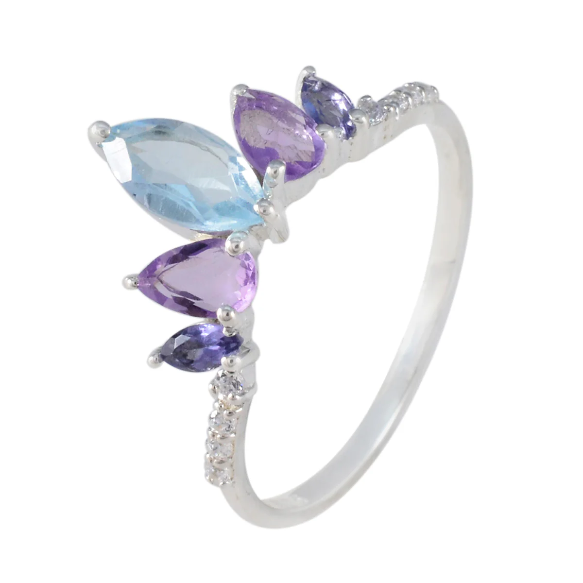 Multi Stone Penta Japanese Sterling Silver multicolor Gemstone Elegant crown Ring Jewellery - Image 2