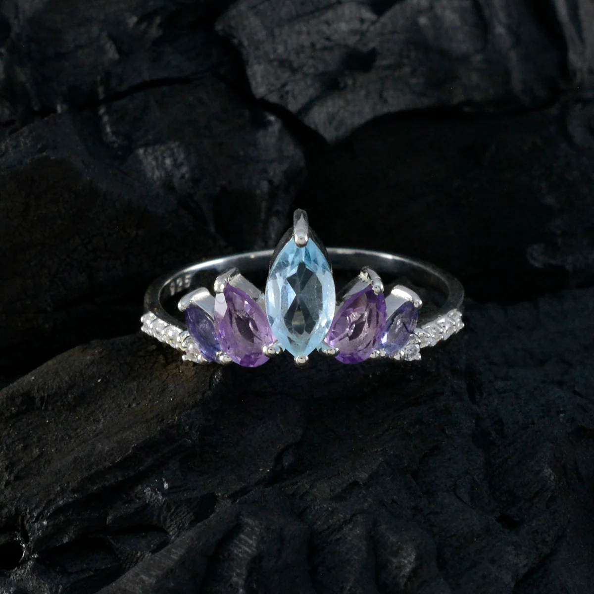 Multi Stone Penta Japanese Sterling Silver multicolor Gemstone Elegant crown Ring Jewellery - Image 5