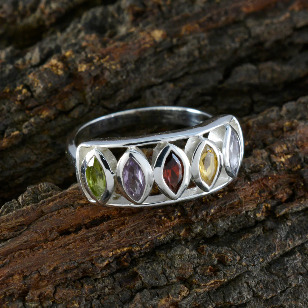 Multi Stone Penta Russian 92.5 Silver multicolor Gemstone Tiny Modern Ring Jewelry - Image 3