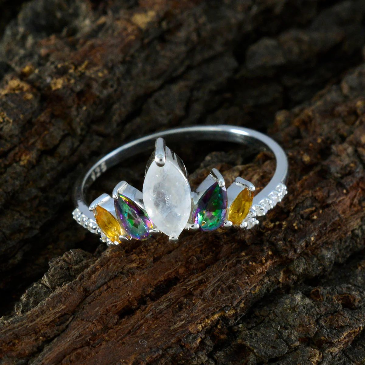 Multi Stone Penta Turkish 925 Silver multicolor Gemstones Elegant crown Ring Jewelry - Image 4