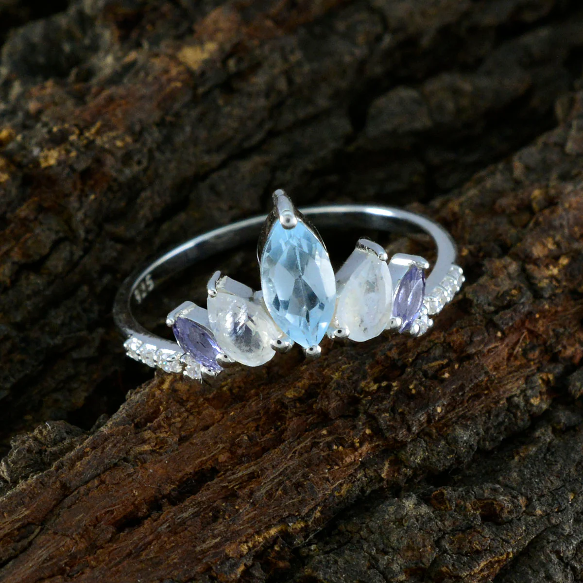 Multi Stone Penta Turkish Sterling Silver multicolor Gems Elegant  crown Ring Jewelry - Image 4