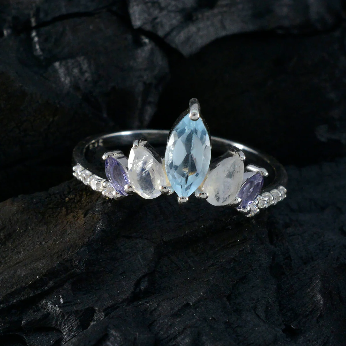 Multi Stone Penta Turkish Sterling Silver multicolor Gems Elegant  crown Ring Jewelry - Image 5