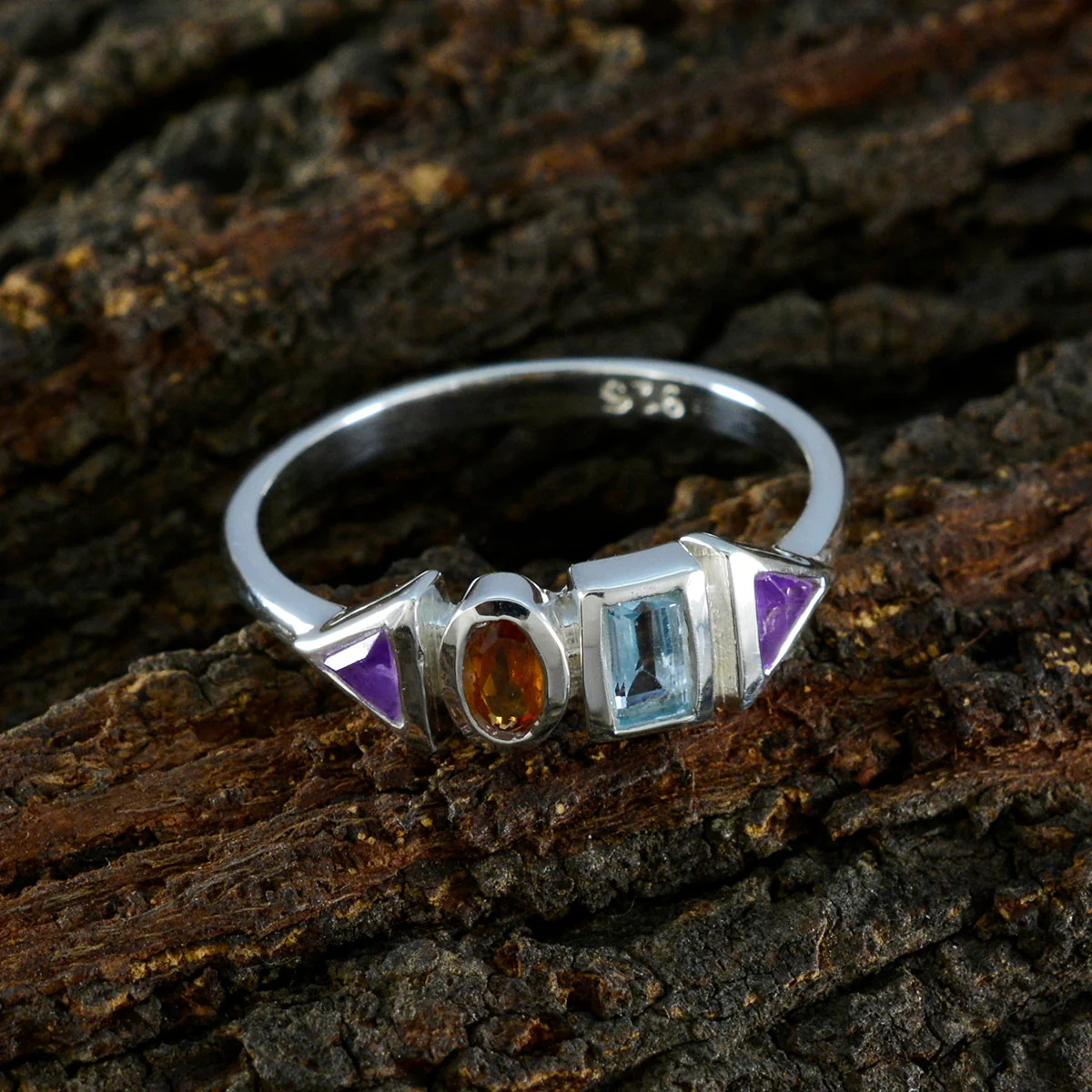 Multi Stone quarter American Silver multicolor Gems Delicate Feminine Ring Jewelry - Image 3