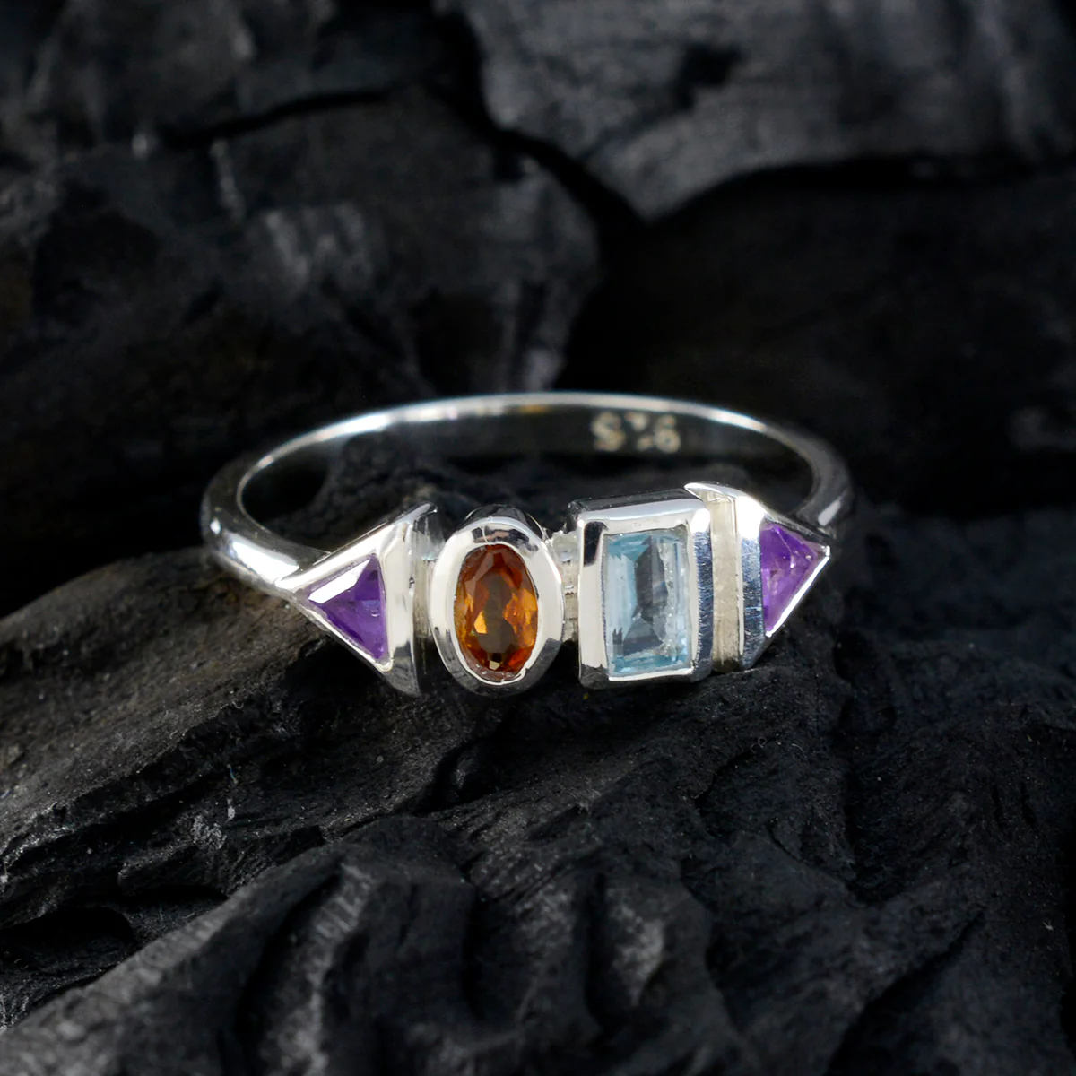 Multi Stone quarter American Silver multicolor Gems Delicate Feminine Ring Jewelry - Image 4