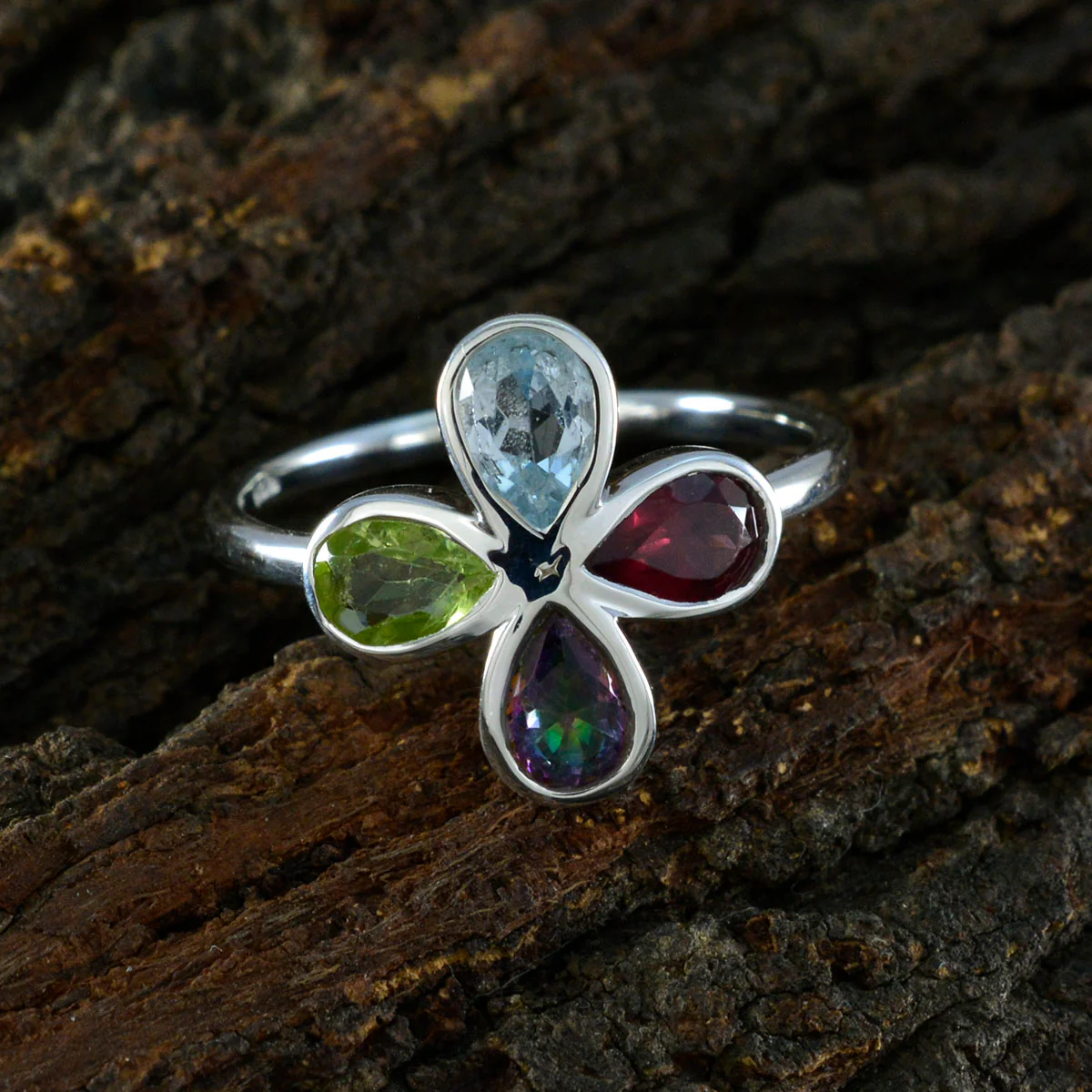Multi Stone quarter American Sterling Silver multicolor Gems Dainty Floral Ring Jewelry - Image 3