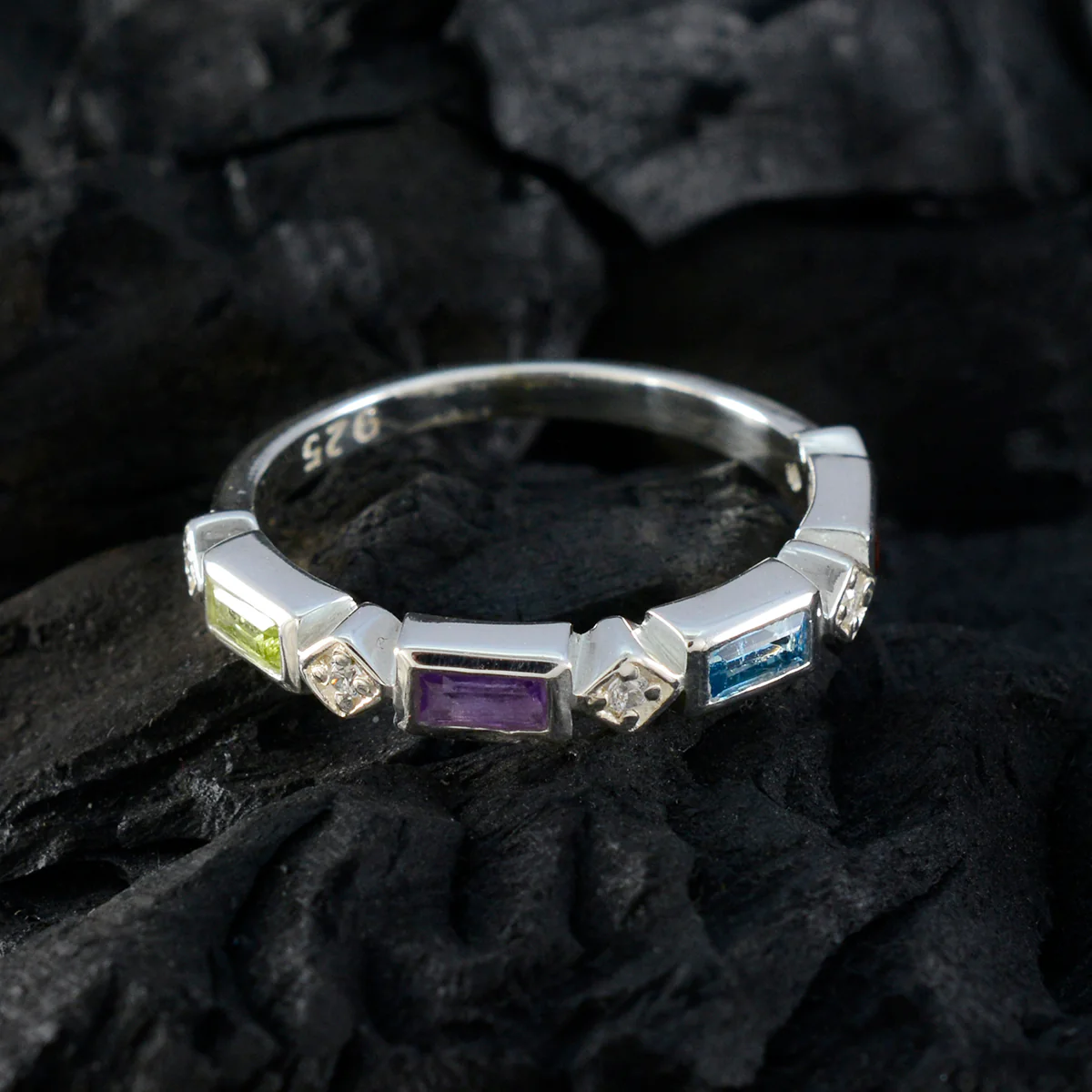 Multi Stone quarter American Sterling Silver multicolor Gems Dainty Trendy Band Jewelry - Image 4